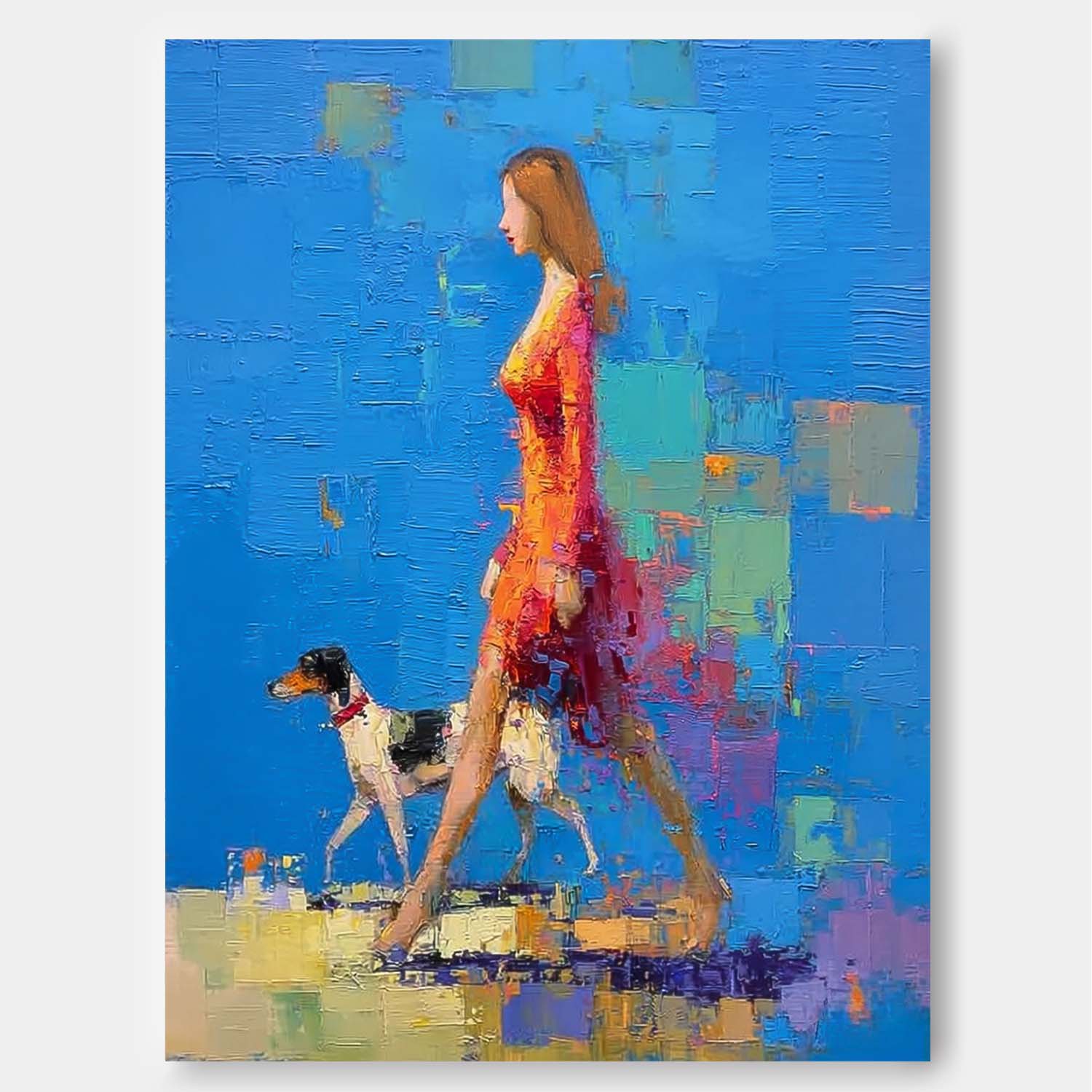 Modern Impressionist Painting Elegant Woman Walking Dog Blue Abstract Wall Art Textured Palette Knife Artwork