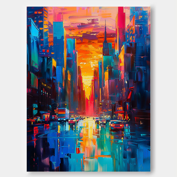 Color Big Wall Art Original Modern Cityscape Oil Painting On Canvas Abstract Urban Scene Art Home Decor