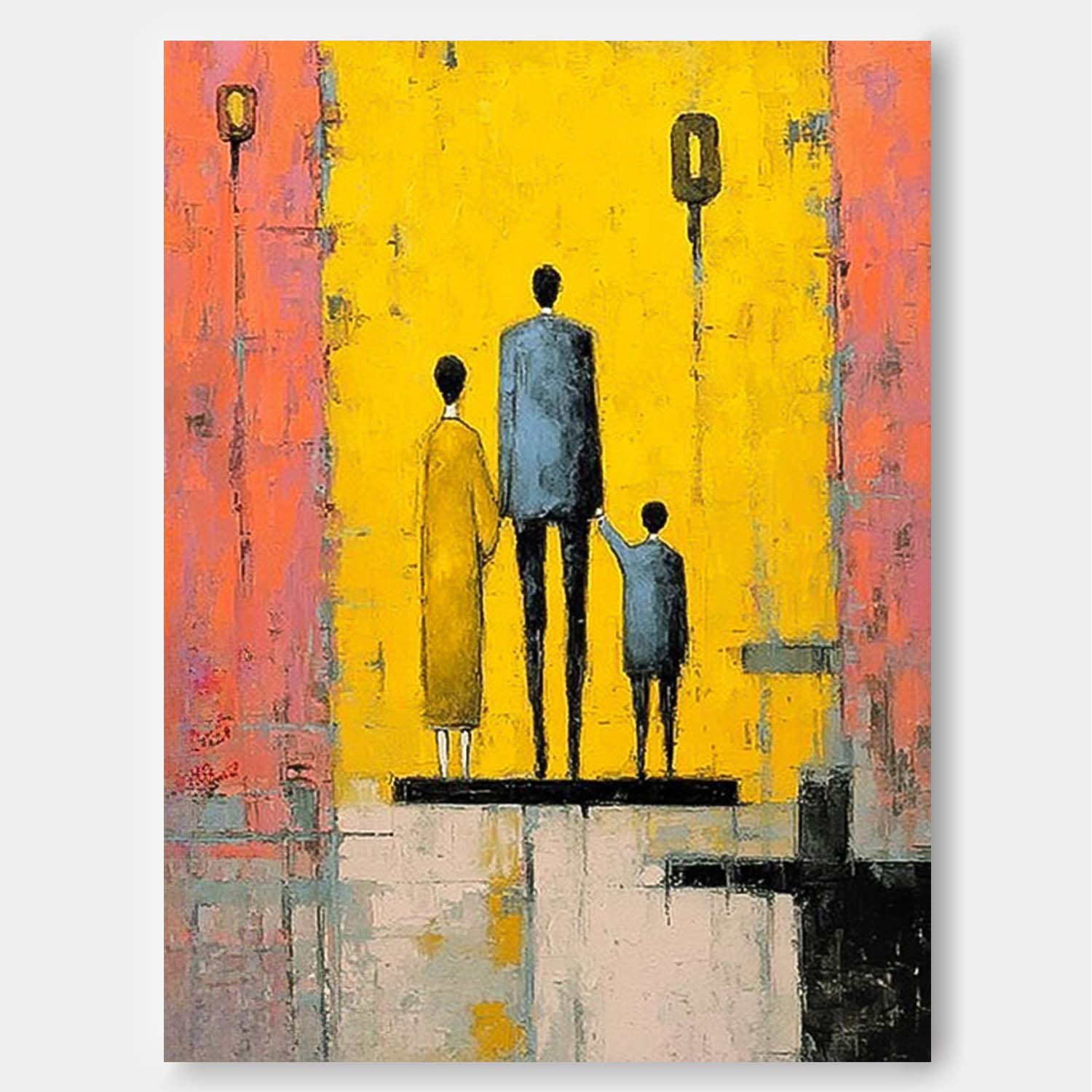 Modern Neutral Background Framed Minimalist Family Wall Art Original City Silhouette Oil Painting 