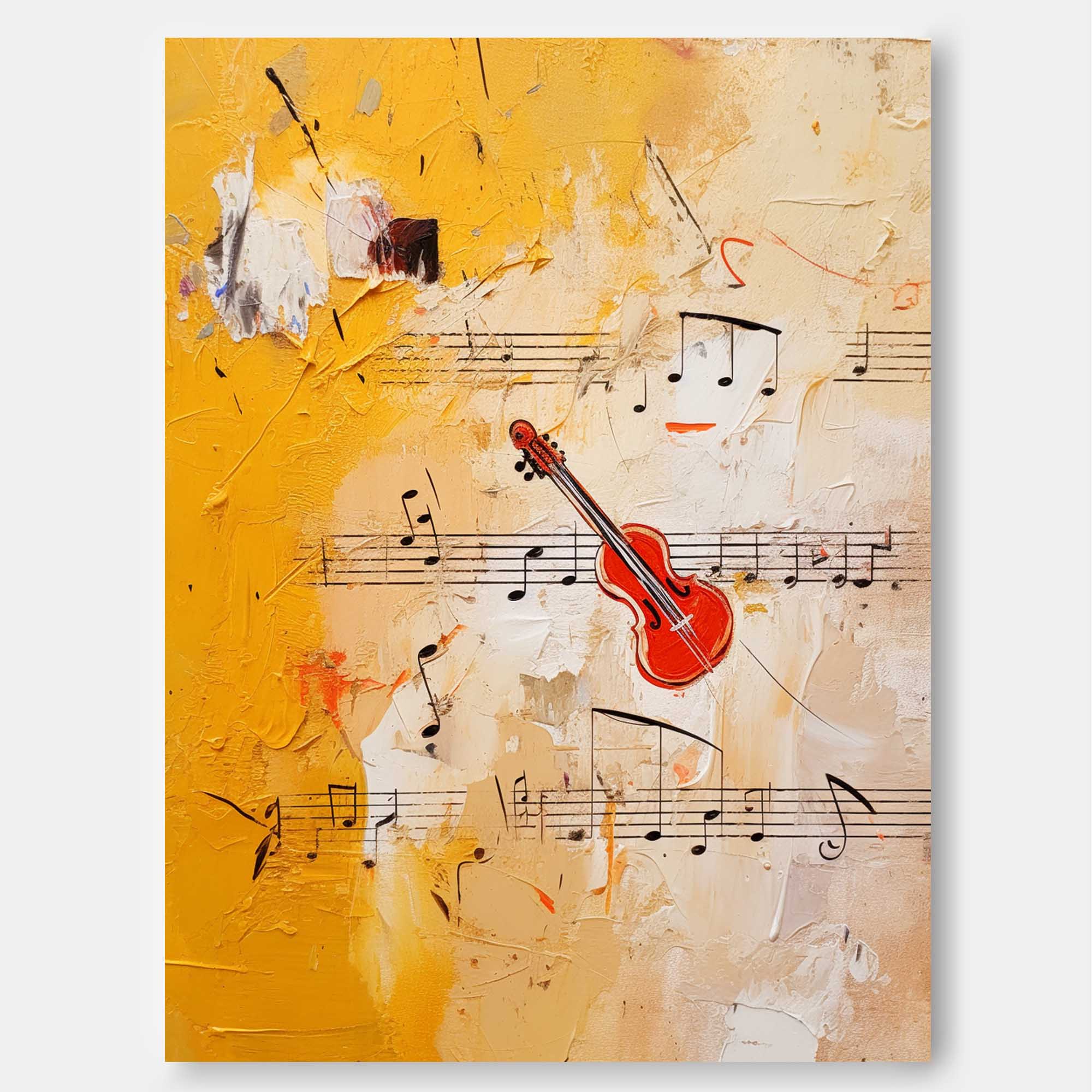 Large Modern Violin Notes Abstract Wall Art Original Oil Painting Canvas Bright Yellow Oil Painting for Home Decor