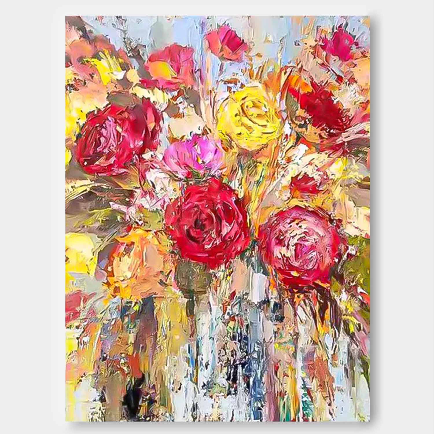 Affordable Abstract Yellow And Red Roses Acrylic  Painting On Canvas Contemporary Wall Art For Living Room