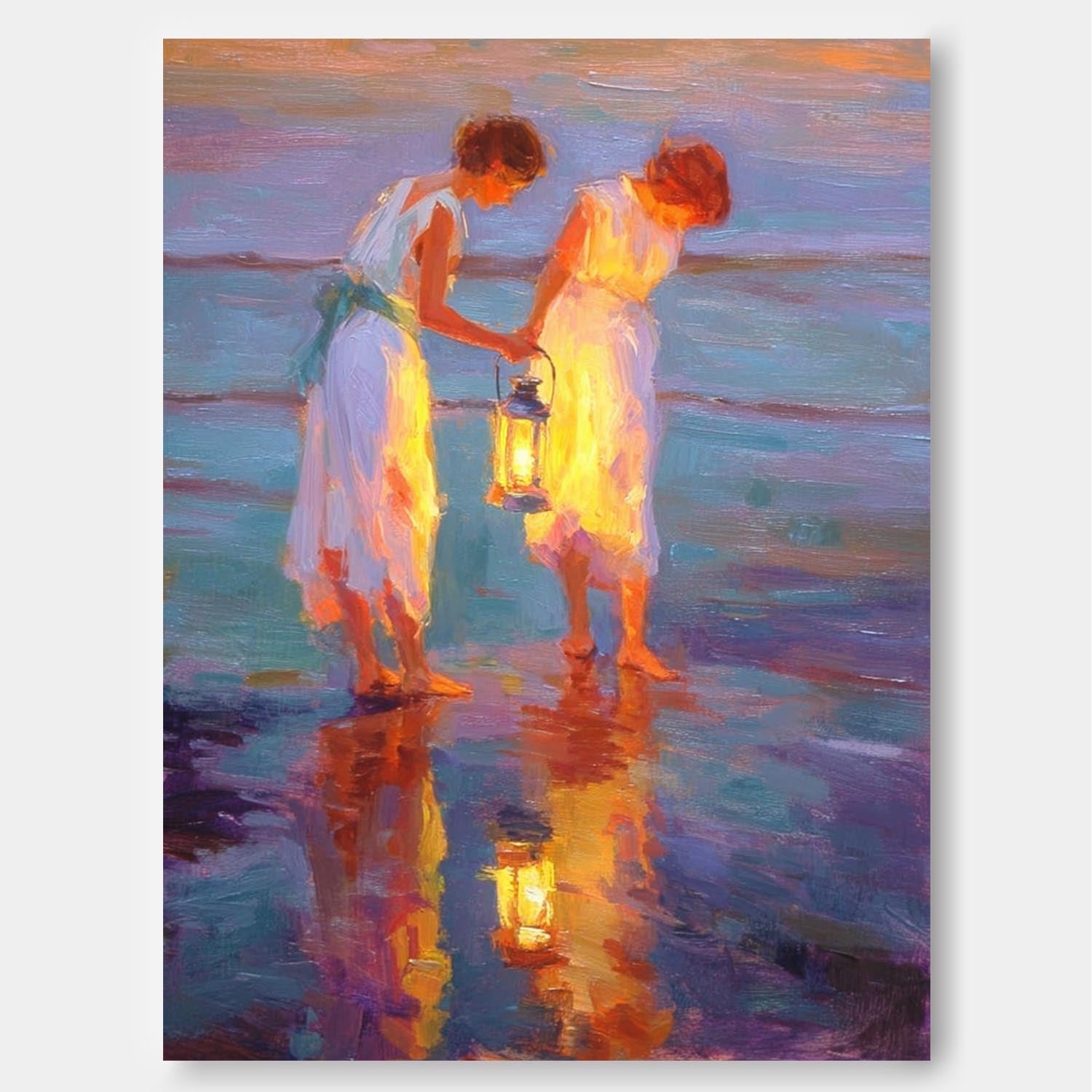 Vintage Glow & Water Reflections Wall Art Coastal Oil Painting Two Women With Lanterns By Sea Shore At Dusk