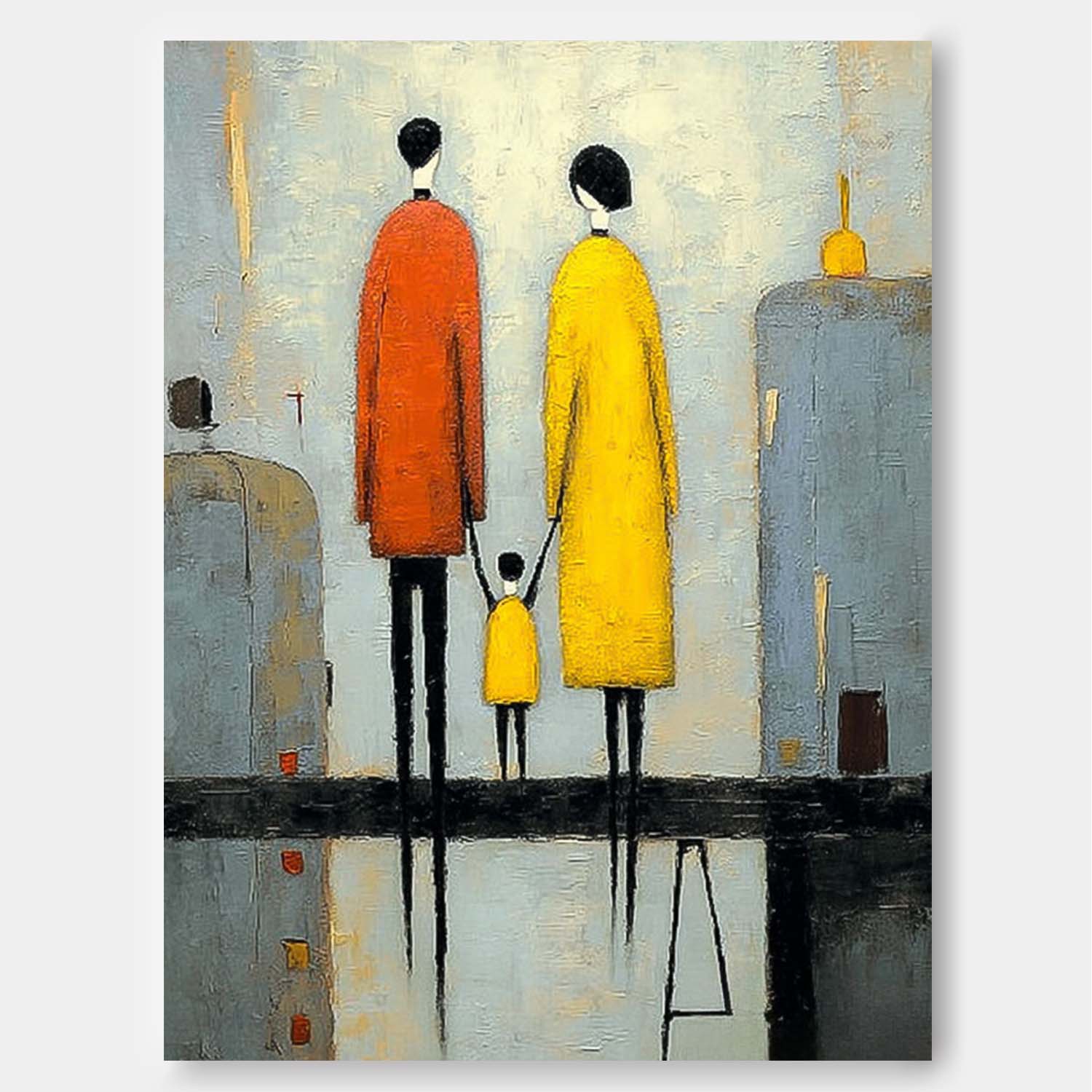 Minimalist Family Wall Art Original Neutral Background Oil Painting Modern City Silhouette Home Decor