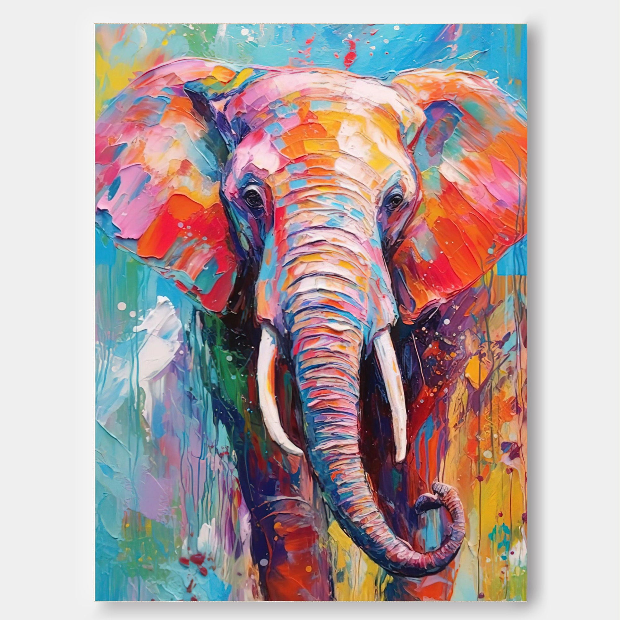 Bright Colorful Elephant Oil Painting Textured Canvas Wall Art Modern Animal Oil Painting Impressionist Home Decor