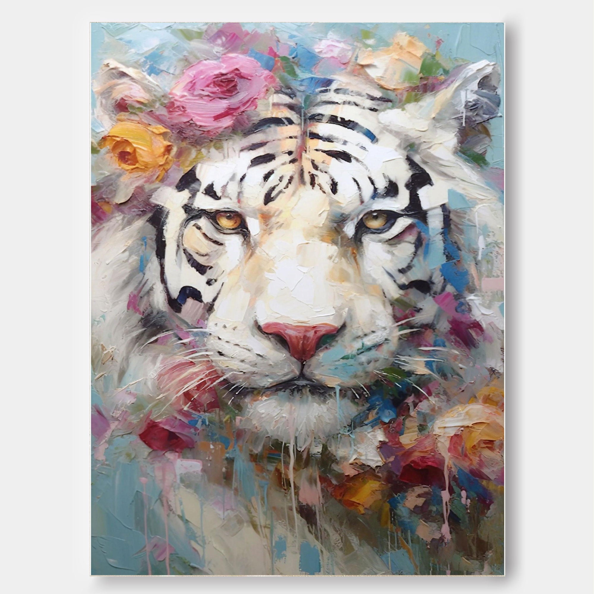 Tiger In Flowers Canvas Oil Painting Original Impressionist Tiger Canvas Wall Art Modern Animal Oil Painting Living Room Decoration