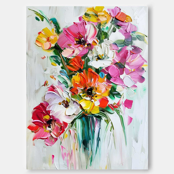 Abstract  Colorful  Flower Oil Painting on Canvas Big Original Thick Texture Contemporary Flowers Artwork