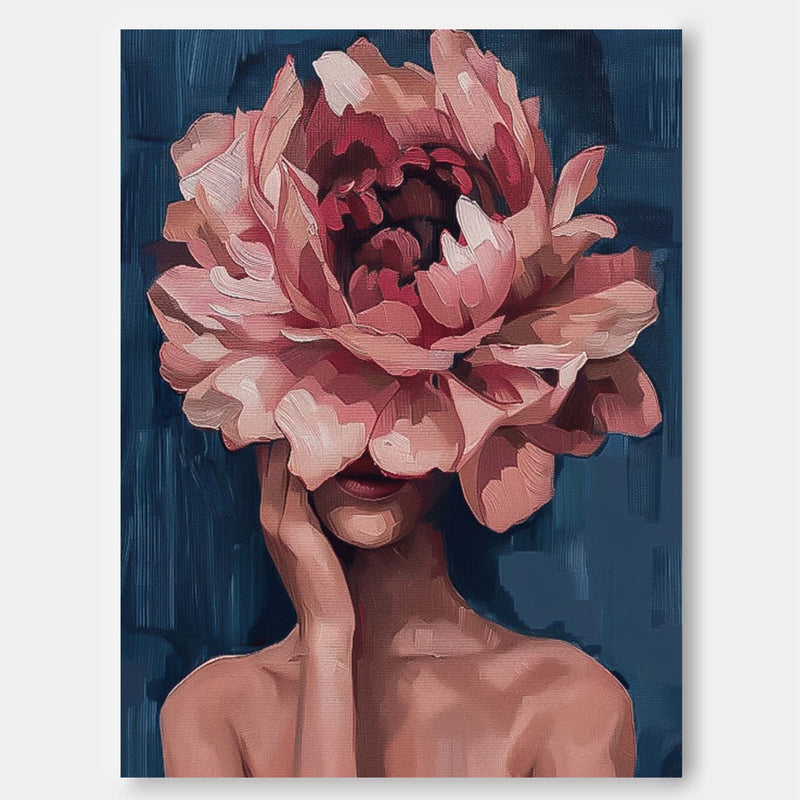 Original Lady Wall Art Abstract Pink Peony Flower Profile Artwork Large Portrait Painting For Living Room