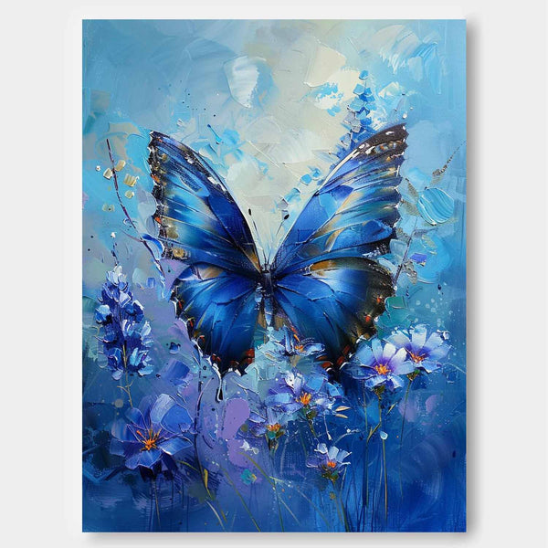 Modern Texture Oil Painting Framed Original Artwork Impressionist Lovely Butterfly Wall Art Blue Oil Painting