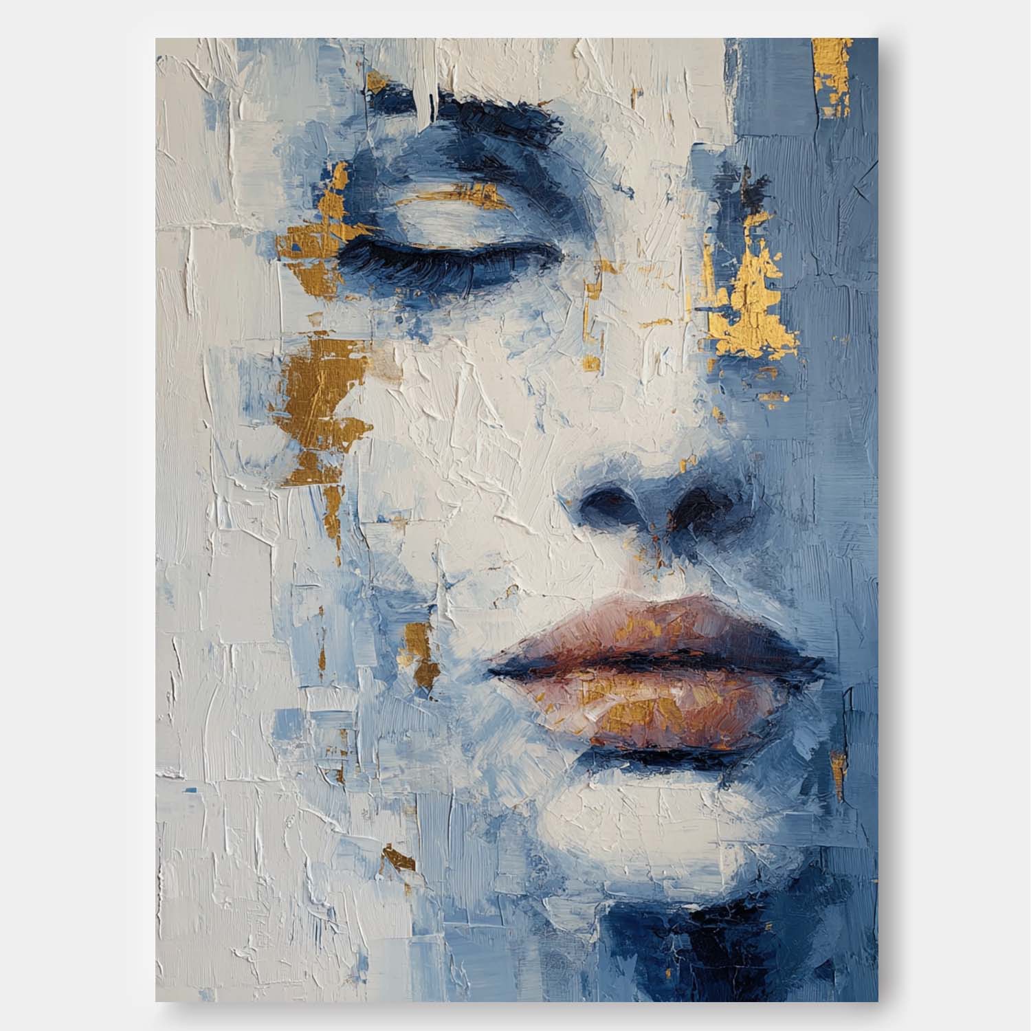 Abstract Portrait Painting Modern Blue & Gold Toned Impasto Wall Art Contemporary Minimalist Face Artwork