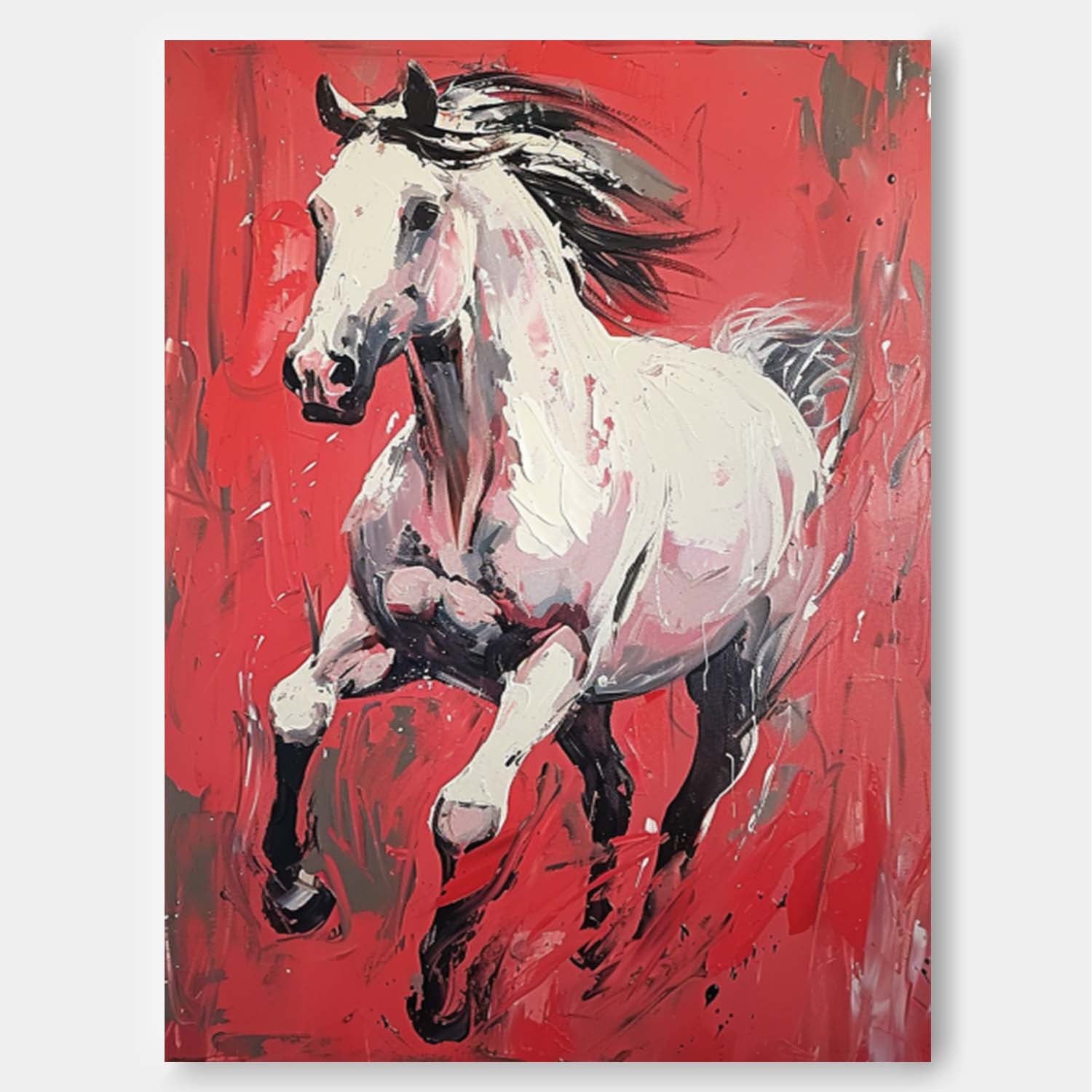 Modern Red background Texture Animal Oil Painting White Horse Oil Painting Impressionist Horse Wall Art Decor