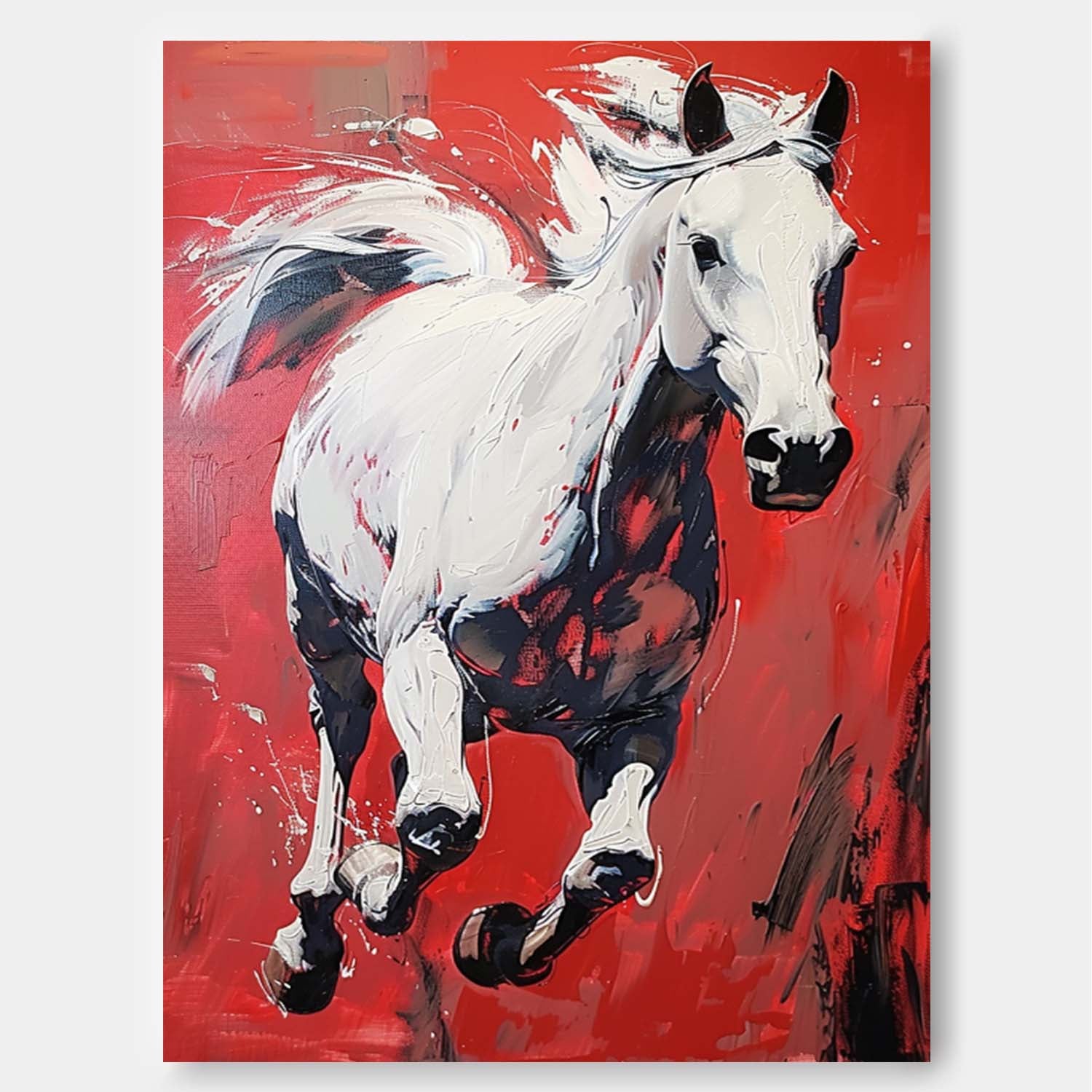 White Horse Oil Painting Modern Red background Texture Animal Oil Painting Impressionist Horse Wall Art Decor