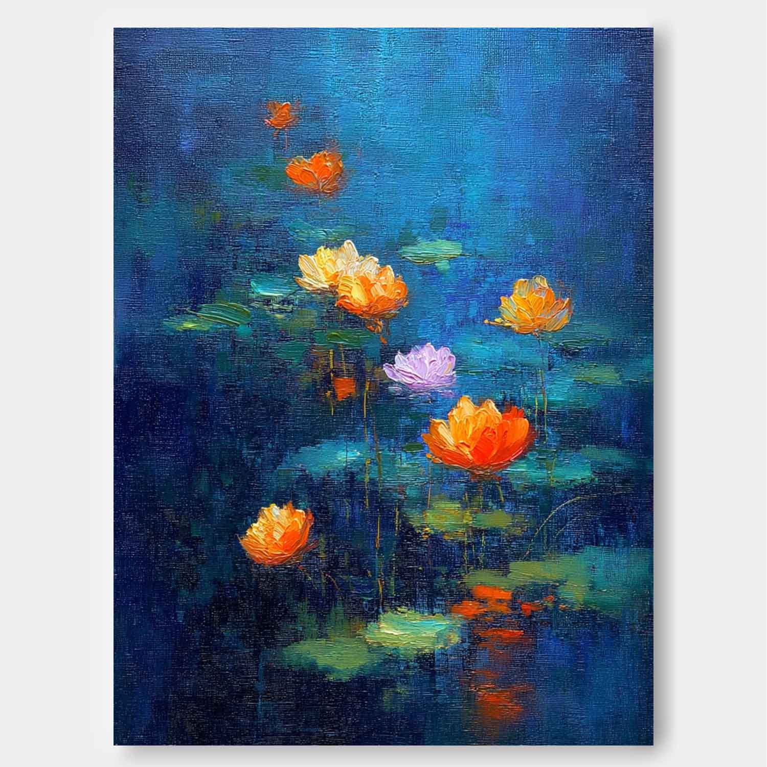 Blue Toned Abstract Lotus Flower Oil Painting on Canvas Modern Wall Art Hand-Painted Lotus Pond Artwork