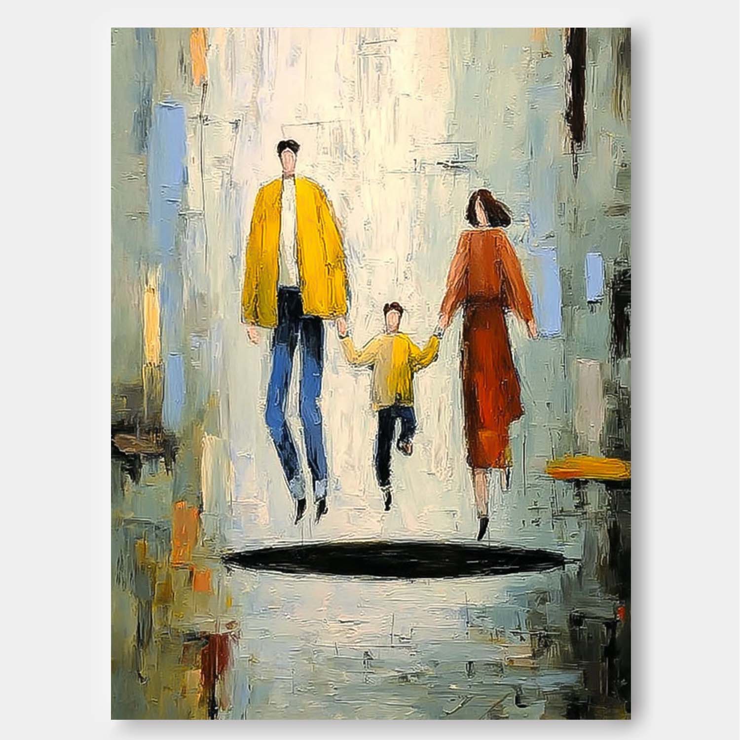 Minimalist Family Wall Art Modern City Silhouette Original Neutral Background Oil Painting Home Decor