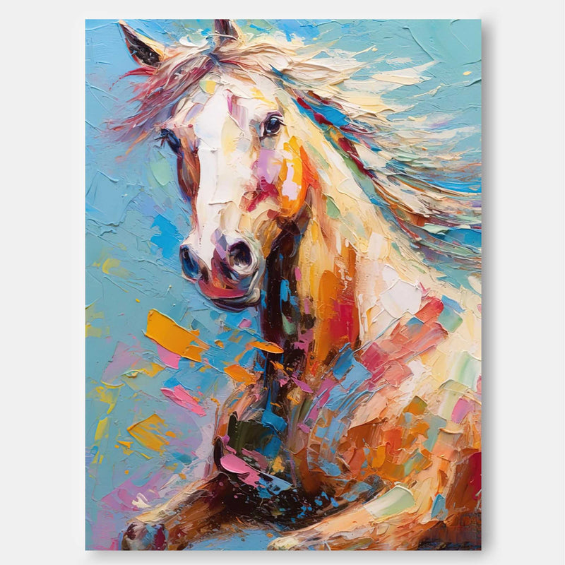 Vibrant Color Horse Oil Painting Modern Blue Background Animal Oil Painting Impressionist Horse Wall Art Living Room Decor