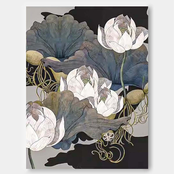 Original Dark Style Artwork Oil Painting On Canvas Realism Lotus Flowers Acrylic Painting For Living Room