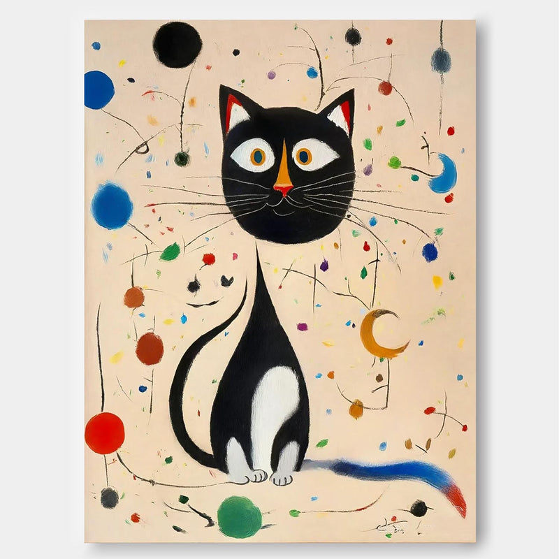 Surreal Joan Miró Style Abstract Cat Oil Painting Large Cat Pop Art Modern Cat Oil Painting Framed Artwork