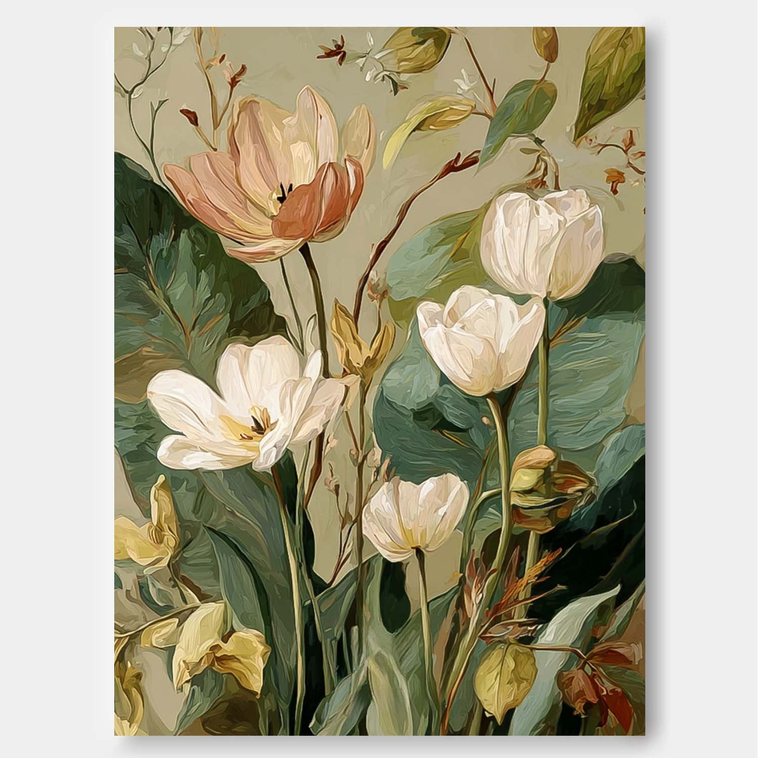 Vintage Oil Painting Style Of White And Peach Tulips On Sage Green Background Botanical Wall Art Decor
