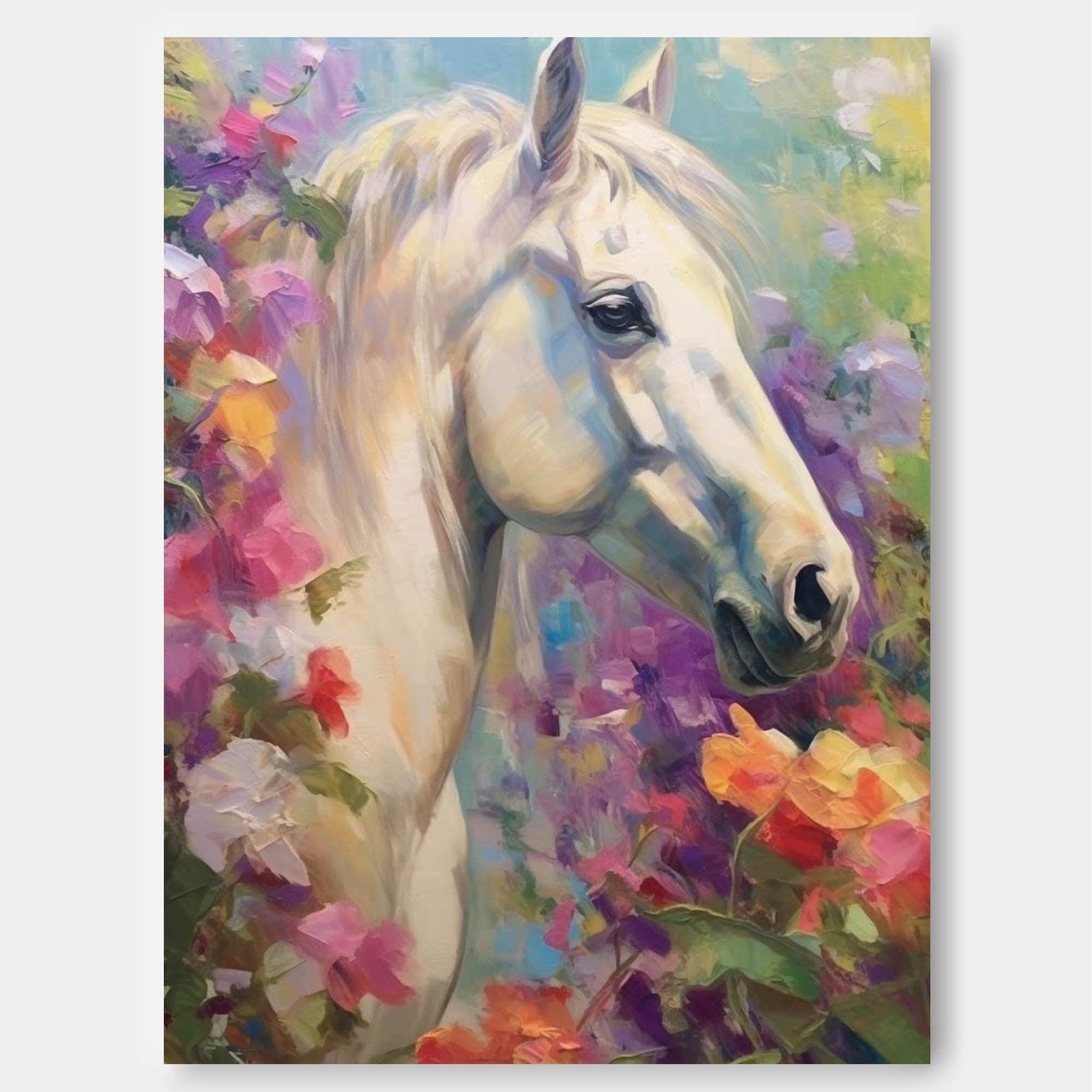 Impressionist White Horse Wall Art Bright Colorful Horse Oil Painting On Canvas Modern Animal Oil Painting Home Decor