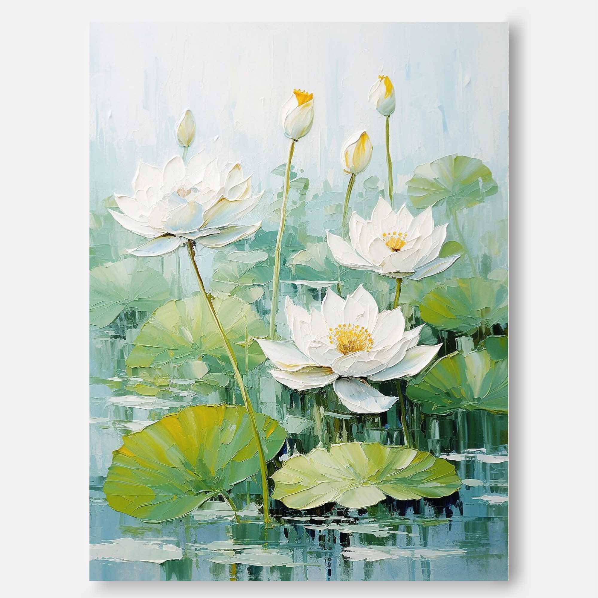 Impressionism Lotus Leaves And White Lotus Flowers Painting Framed Large Floral Textured Abstract Acrylic Wall Art