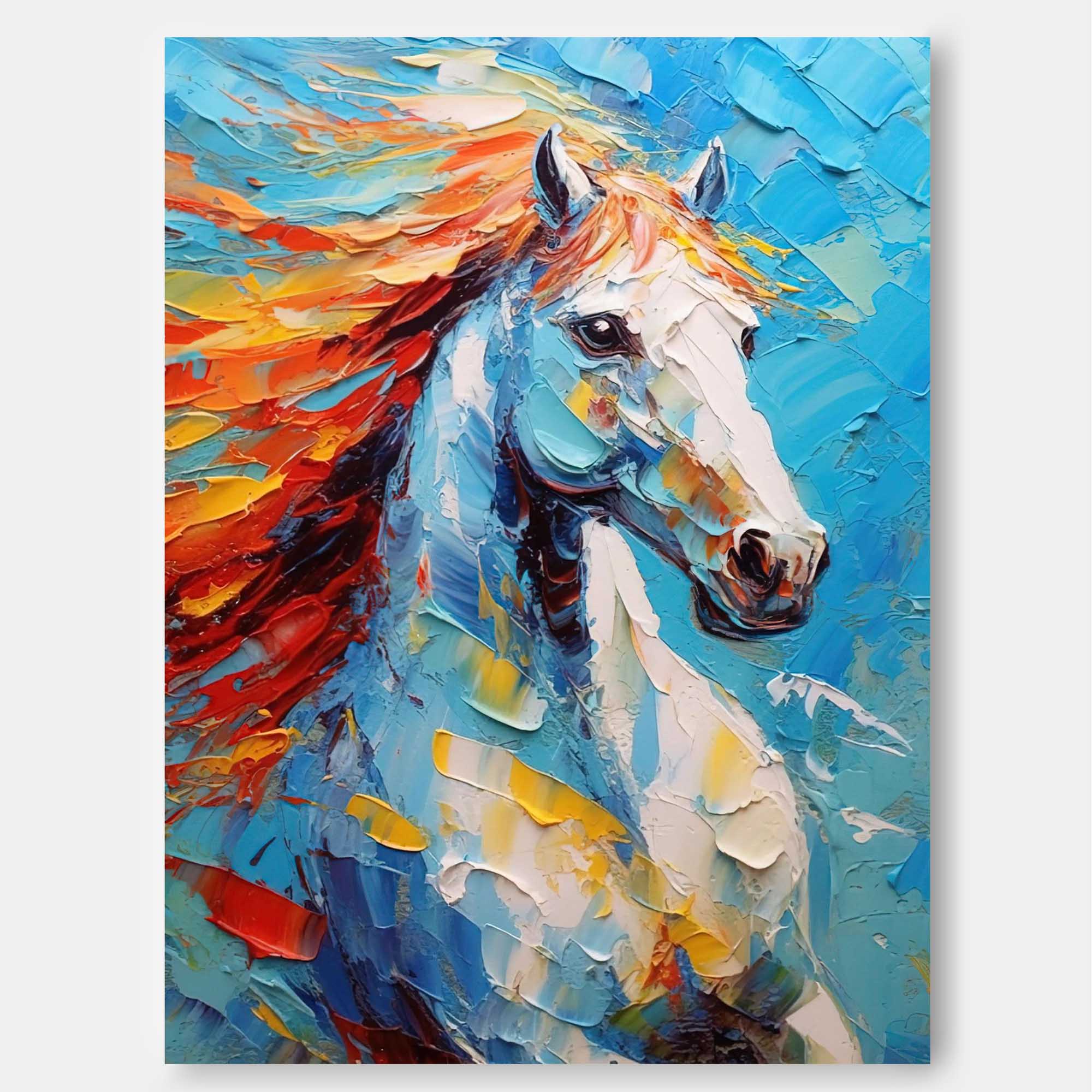 Modern Blue Background Animal Oil Painting Vibrant White Horse Oil Painting Impressionist Horse Wall Art Home Decor