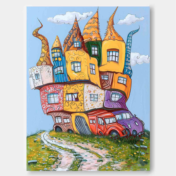 Color Big Wall Art Original Modern Cartoon Cityscape Oil Painting On Canvas Abstract House Art Home Decor