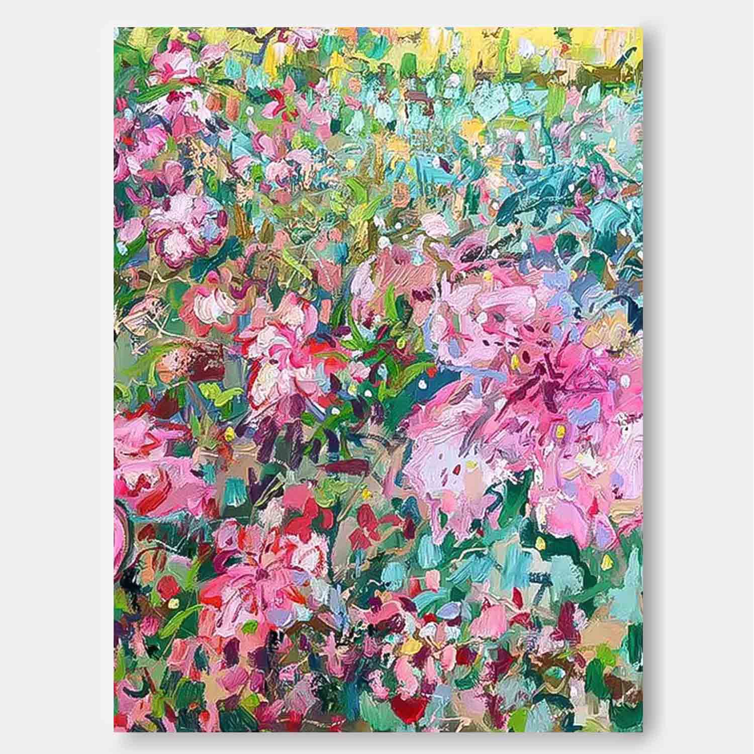 Pink Floral Green leaves Abstract Acrylic Wall Art Custom Painting On Canvas For Living Room