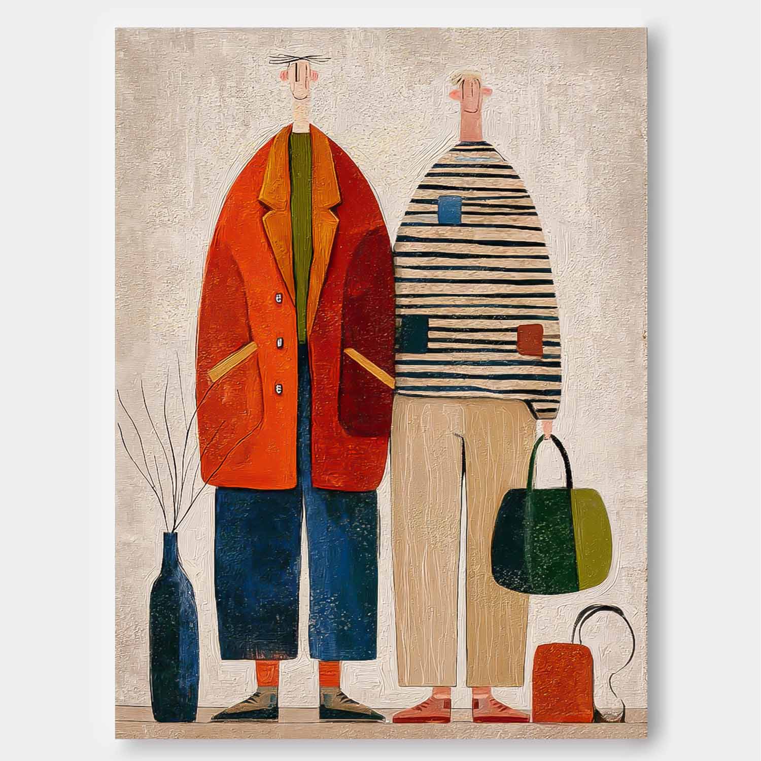 Textured Abstract Brother Painting Modern Whimsical Fashion Illustration Wall Art Quirky Minimalist Decor