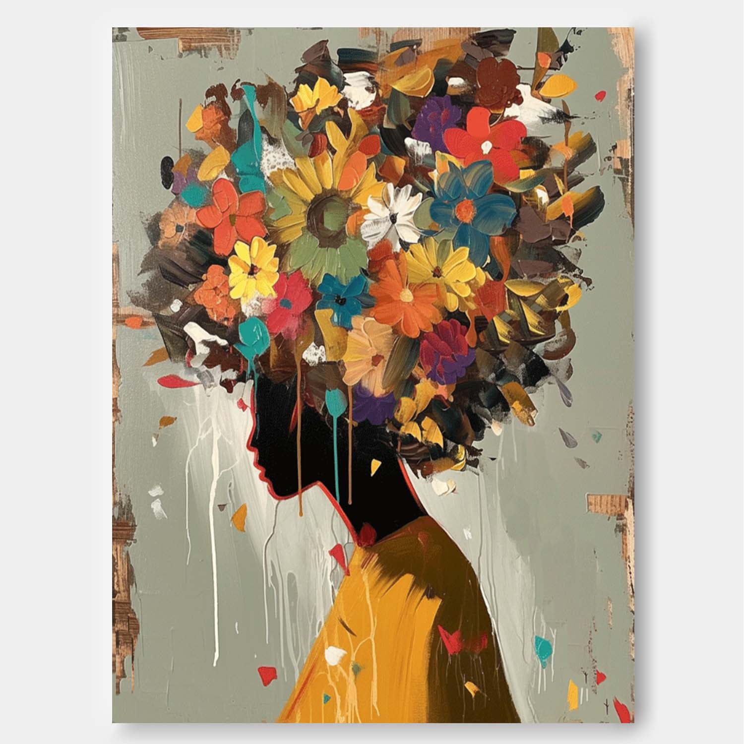 Original Lady Wall Art Abstract Color Flower Profile Shadow Artwork Large Portrait Painting For Living Room