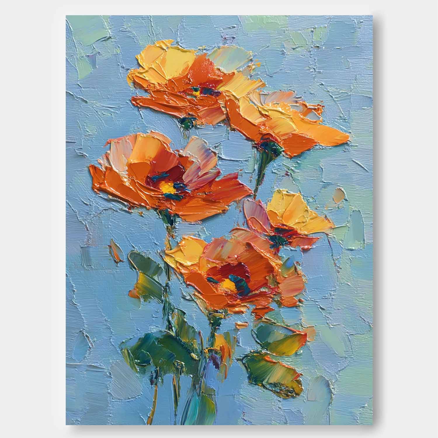 Vibrant Orange-Yellow Blooms On Teal Background Impasto Oil Floral Bouquet Wall Art Textured Modern Home Decor