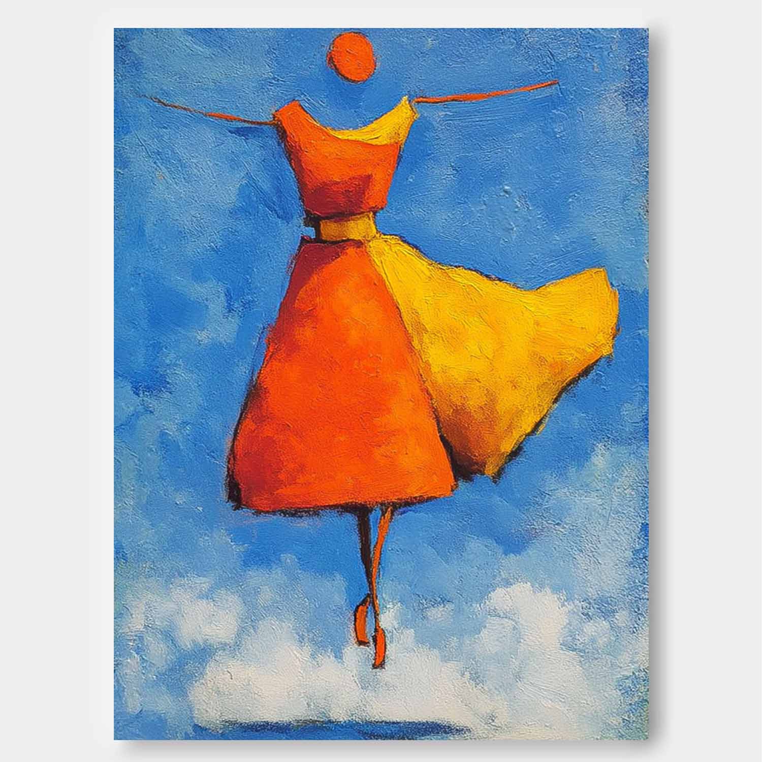 Modern Orange Skirt Framed Minimalist People Silhouette Wall Art Original Vibrant Color Oil Painting 