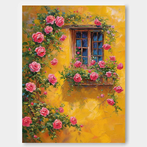 Flowers And Yellow Building Acrylic Painting Canvas Large Textured Art Original Floral Painting Home Decor