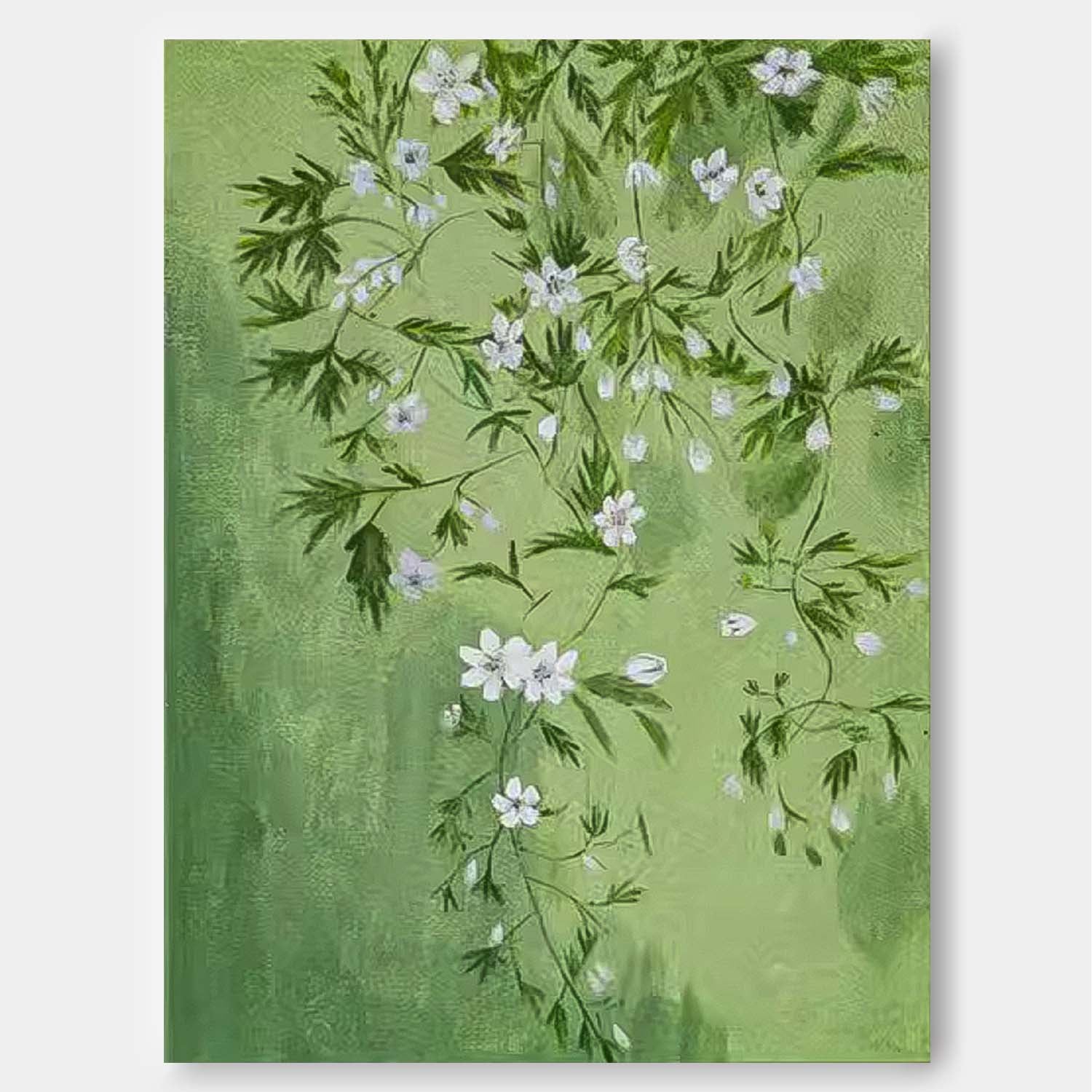 Green Leaves And White Flower Oil Painting On Canvas Big Original Beautiful Flowers Artwork Framed