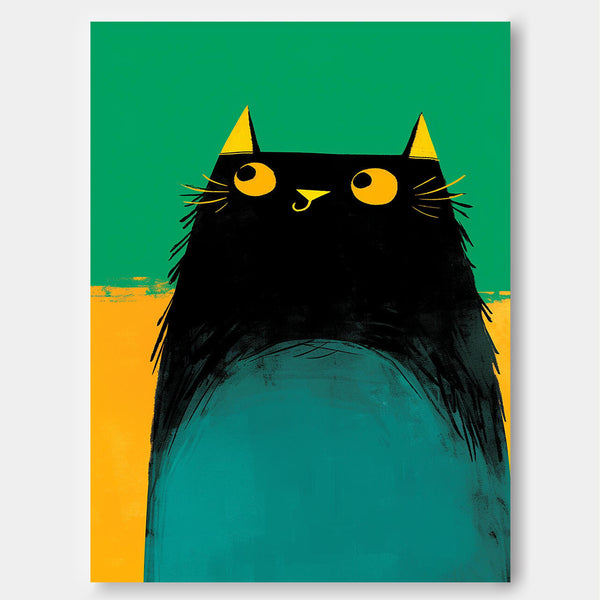 Modern Black Cat Animal Oil Painting Vibrant Yellow And Green Oil Painting Impressionist Kitty Wall Art