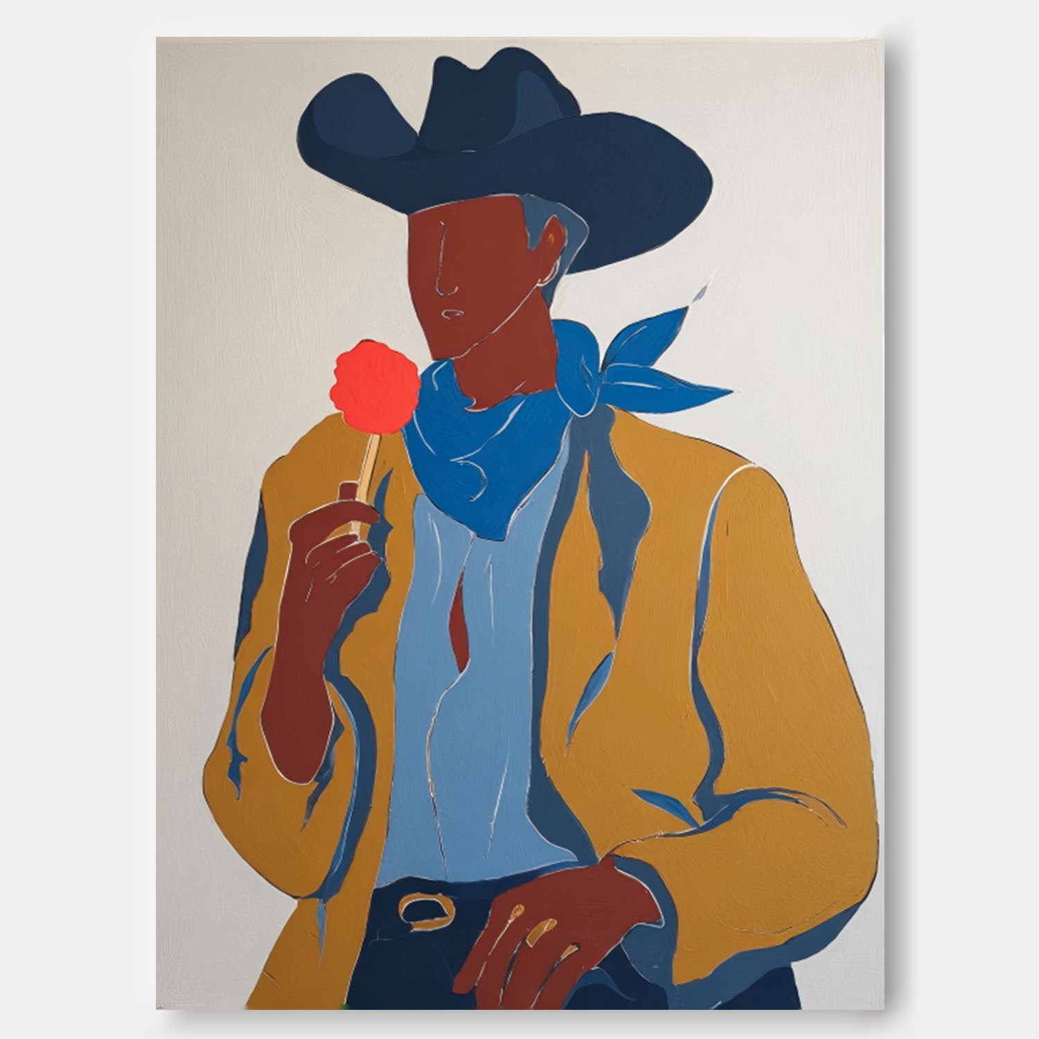 Artistic Western Cowboy Painting Red Lollipop & Color Block Design Vintage Wall Art for Retro Home Decor