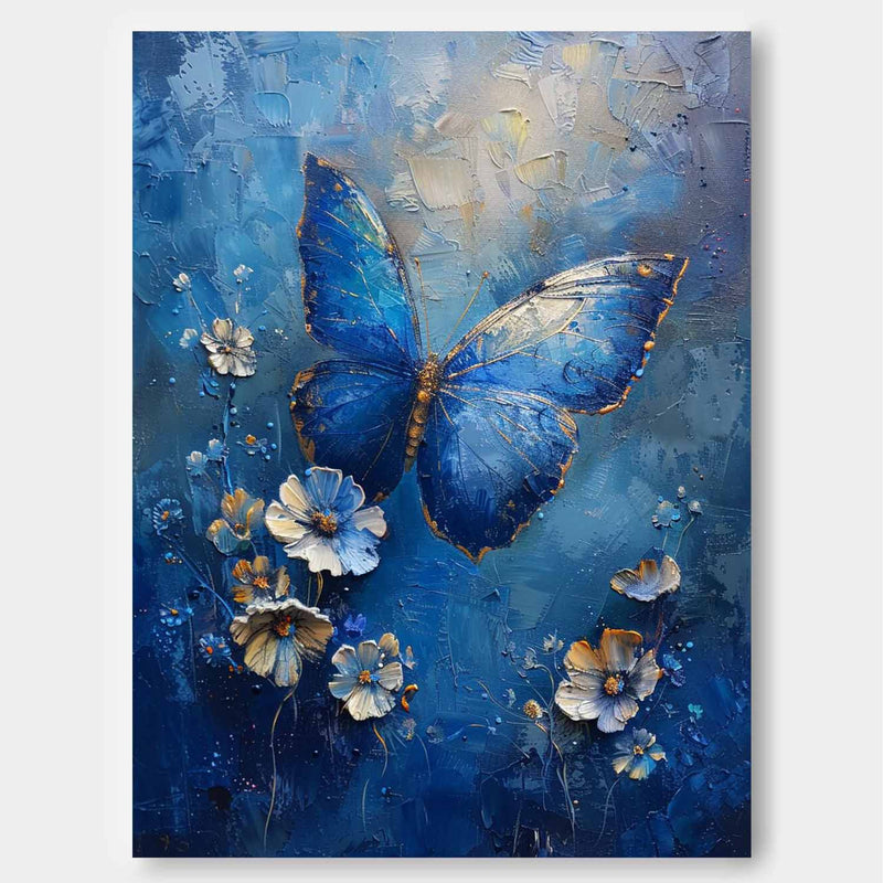 Blue Oil Painting Modern Texture Oil Painting Impressionist Butterfly Wall Art Original Artwork Decor