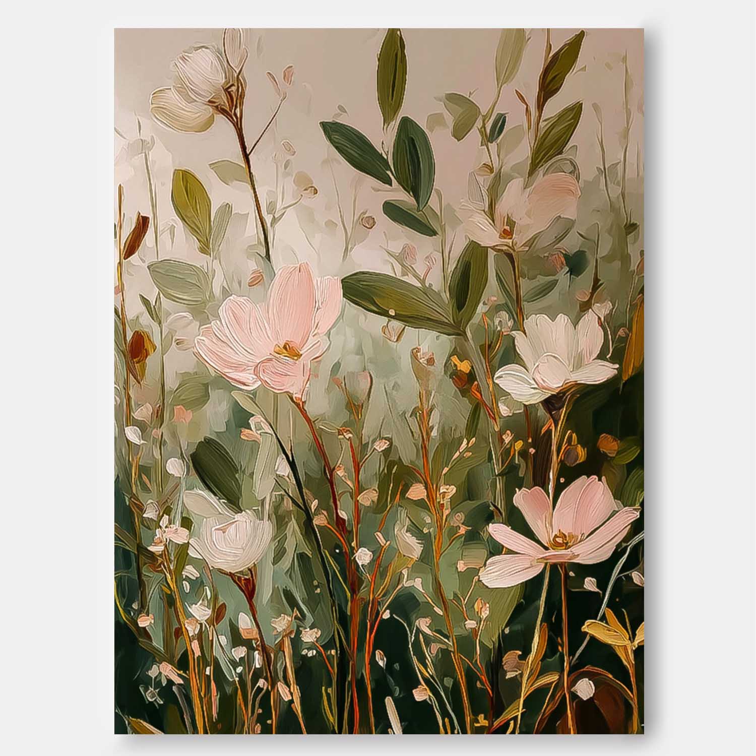 Soft Botanical Floral Oil Painting Sage Green & Blush Pink Wall Art Large Modern Wildflower Floral Wall Decor