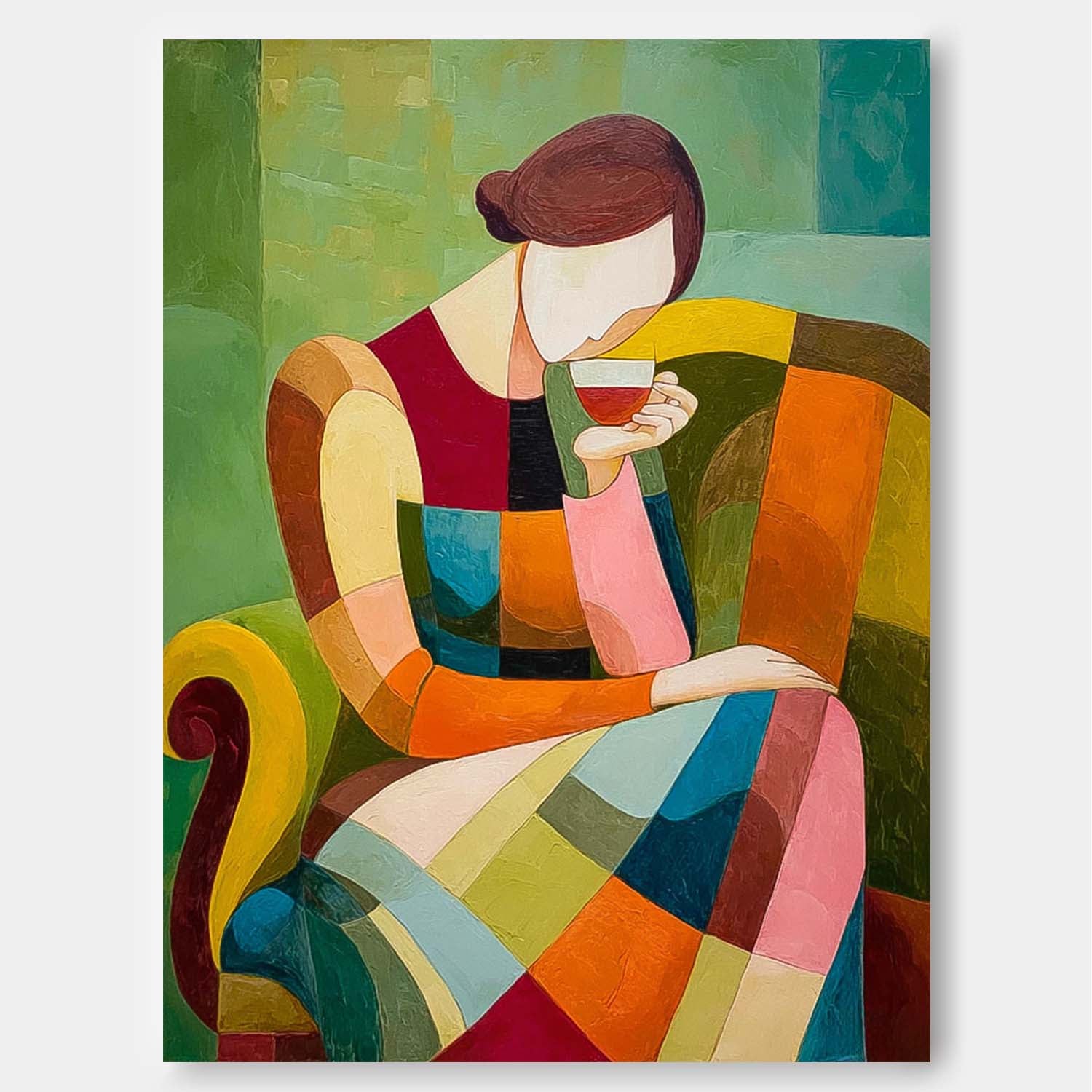 Original Elegant Woman Wall Art Abstract Lady Geometric Color Blocks Oil Painting Canvas Figure Artwork