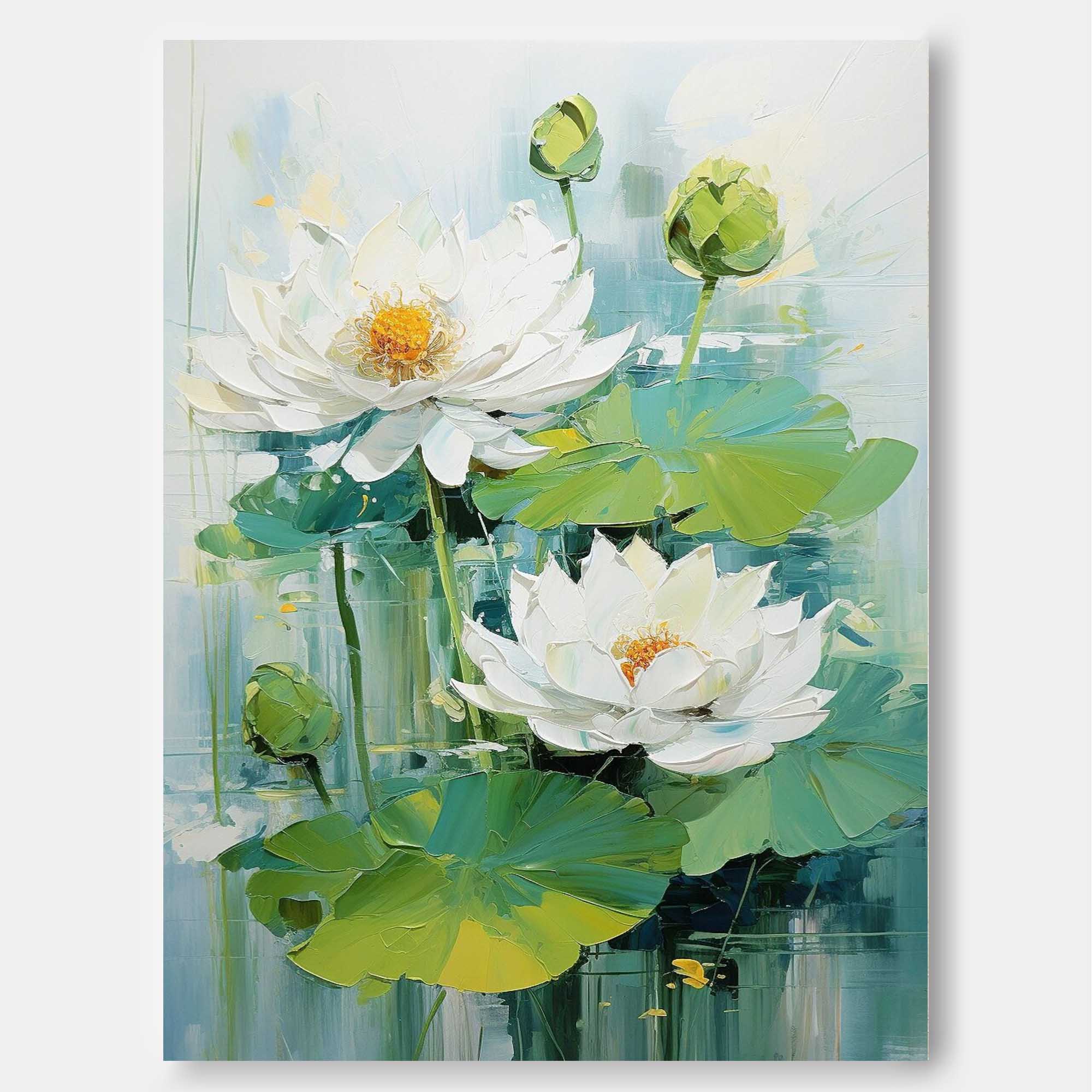 Lotus Painting Framed Large White Flower Wall Art Abstract Flower Acrylic Painting Textured Floral Painting