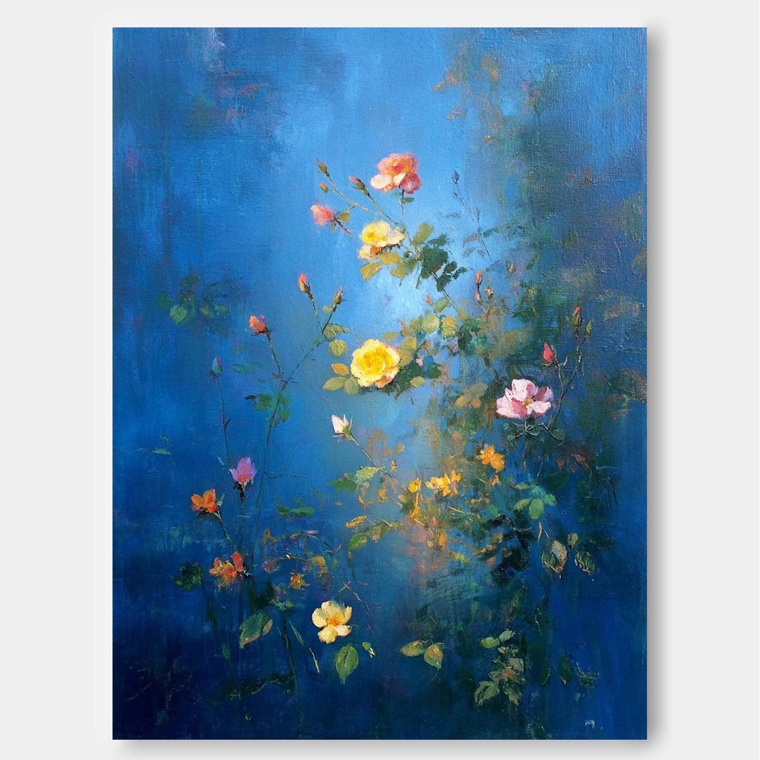 Modern Wall Art Hand-Painted Lotus Pond Artwork Blue Toned Abstract Lotus Flower Oil Painting On Canvas