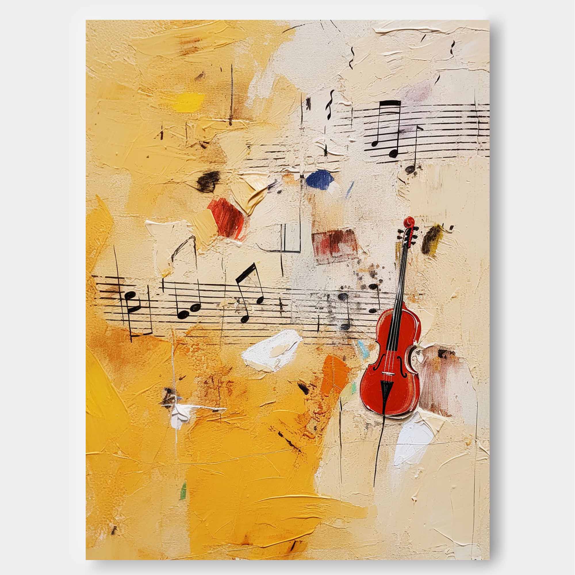 Bright Original Violin Notes Abstract Wall Art Modern Oil Painting Canvas Large Yellow Oil Painting for Home Decor