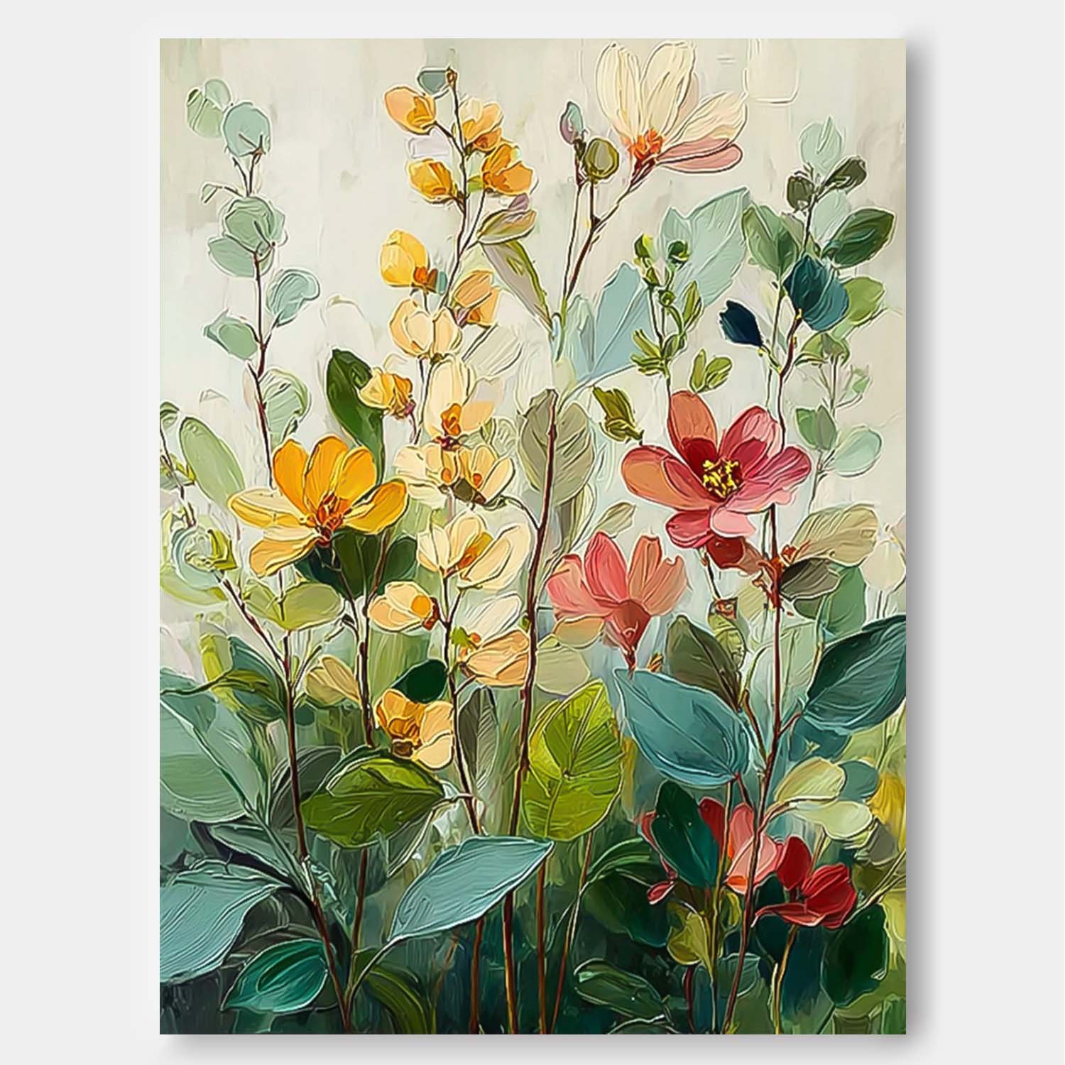 Large Flower Abstract Painting Canvas Original Green Artwork Texture Plant Wall Art For Living Room