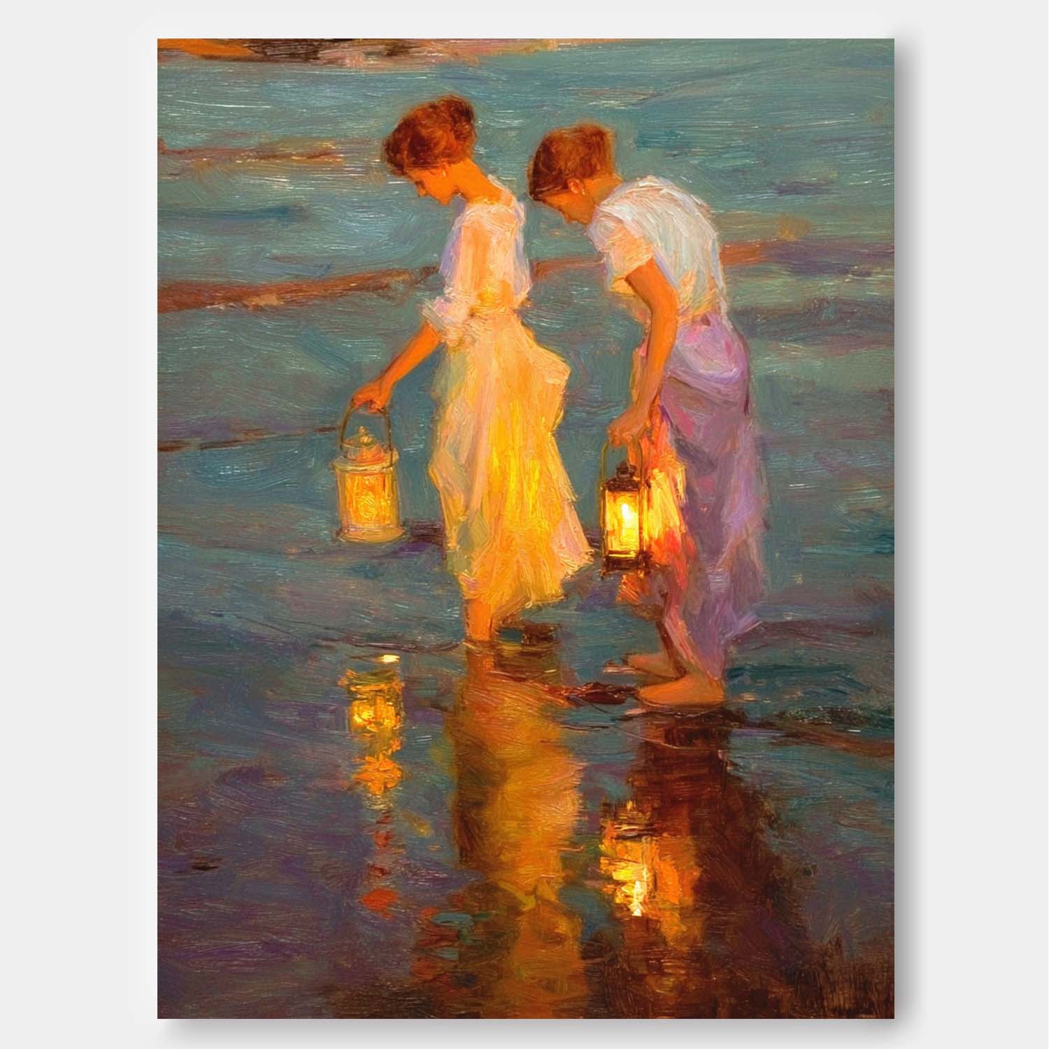 Coastal Oil Painting Two Women With Lanterns By Sea Shore At Dusk Vintage Glow & Water Reflections Wall Art