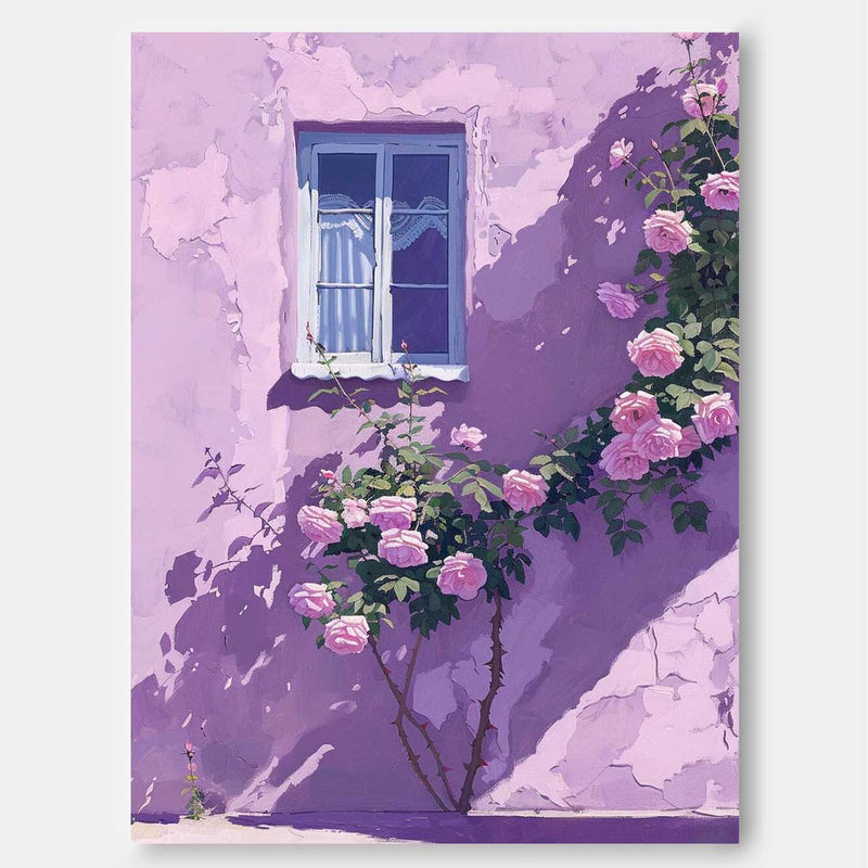 Flowers And Purple Building Acrylic Painting Canvas Large Textured Art Original Floral Painting Home Decor