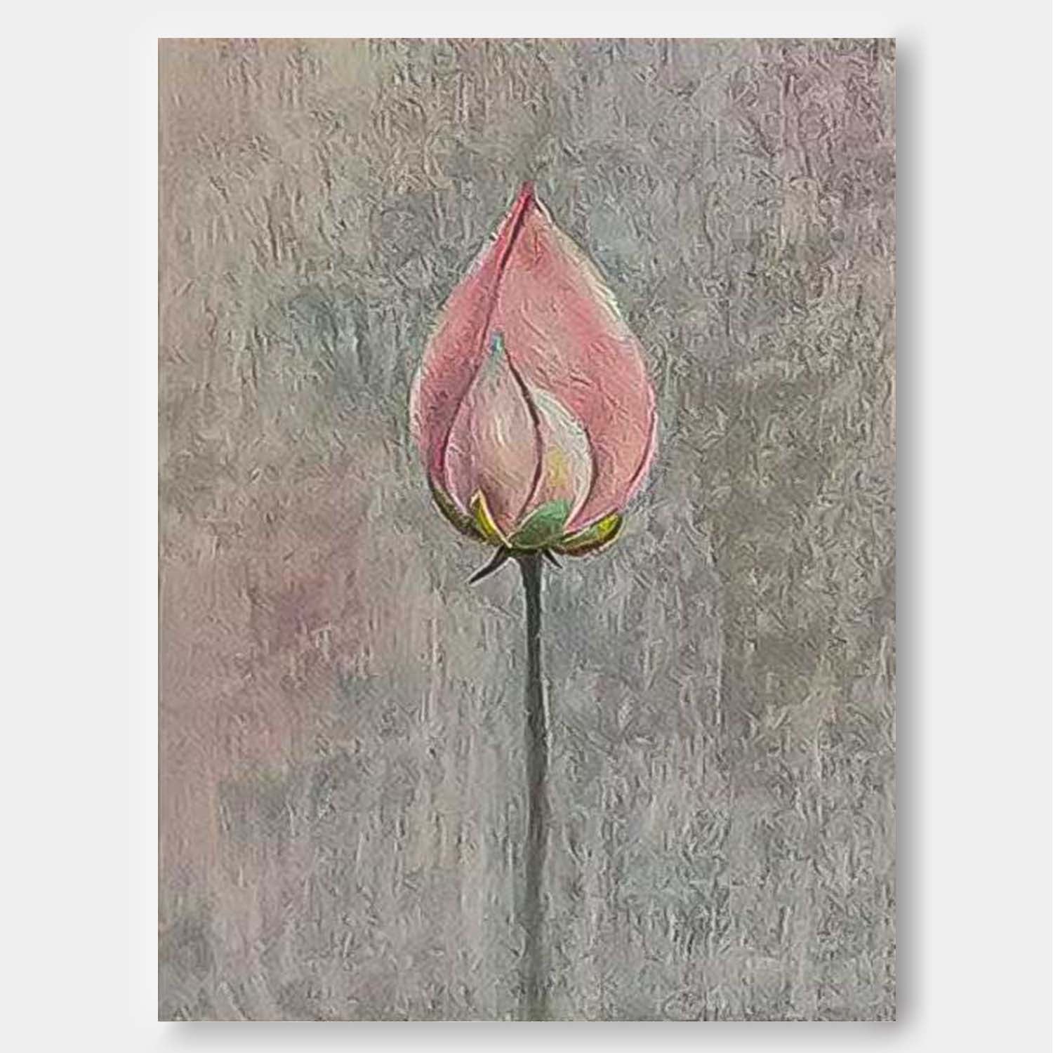 Lotus Bud Original Contemporary Flowers Artwork Abstract Grey And Pink Flower Oil Painting On Canvas