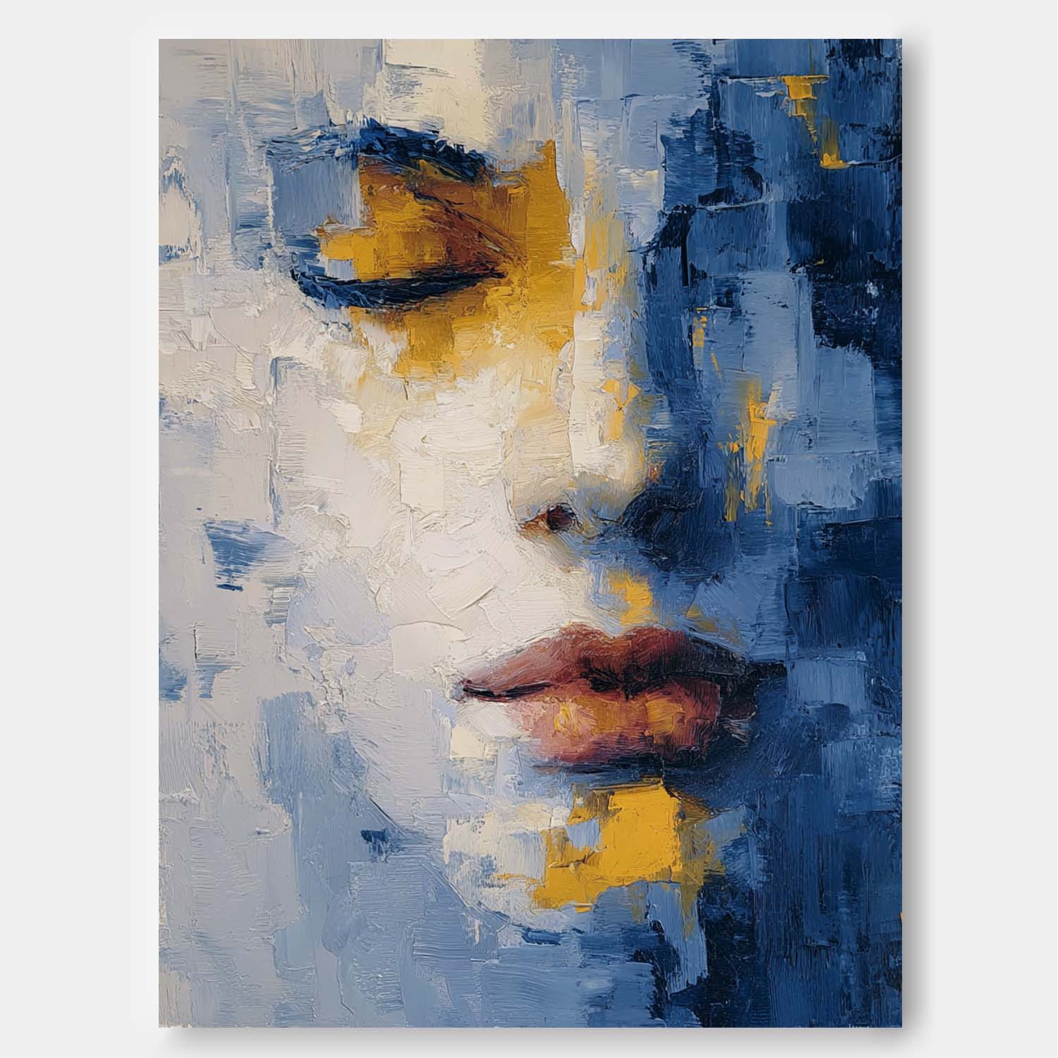 Contemporary Minimalist Face Artwork Abstract Portrait Painting Modern Blue & Gold Toned Impasto Wall Art