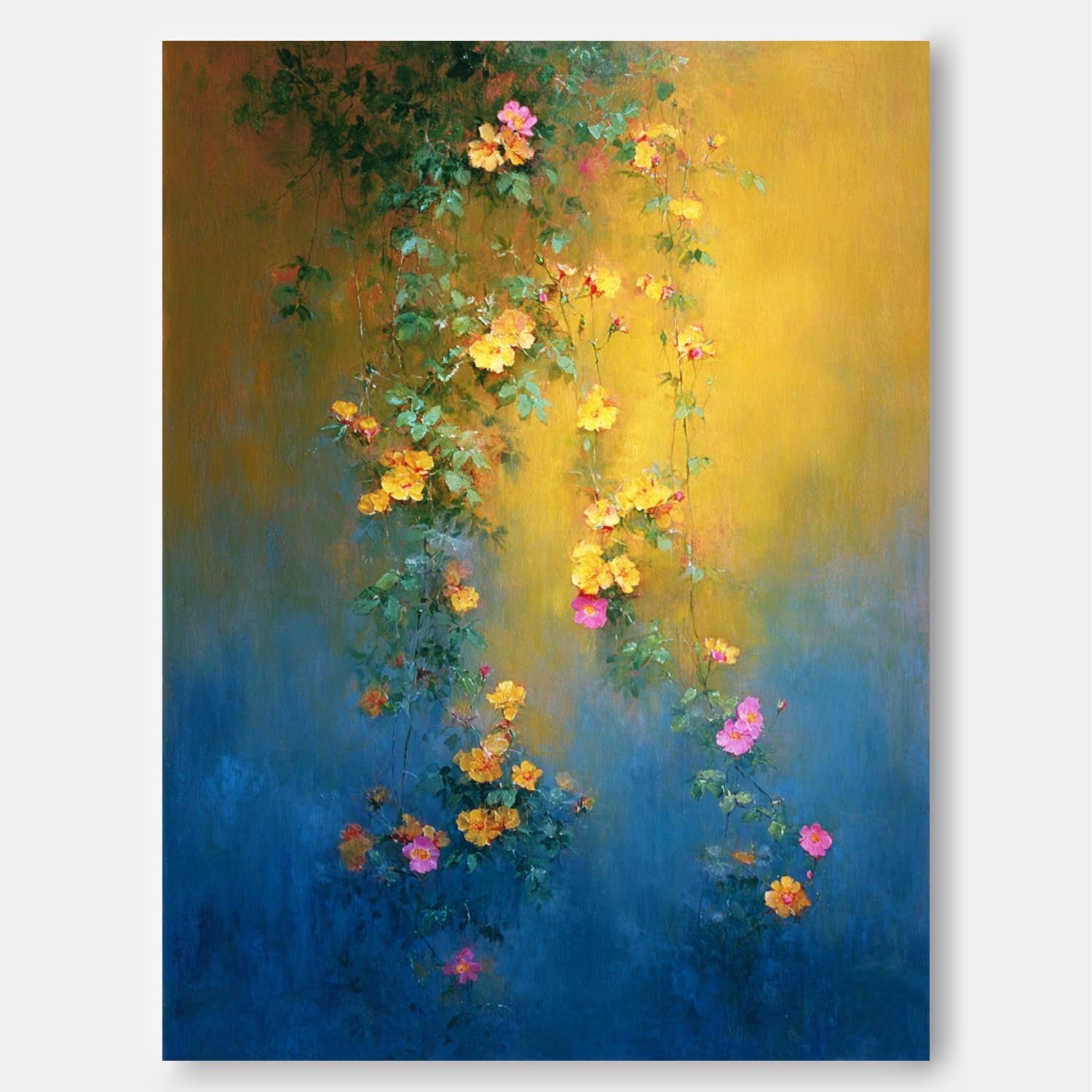 Abstract Bohemian Floral Oil Painting Hanging Vine Yellow Pink Flowers Canvas Wall Art Living Room Decor