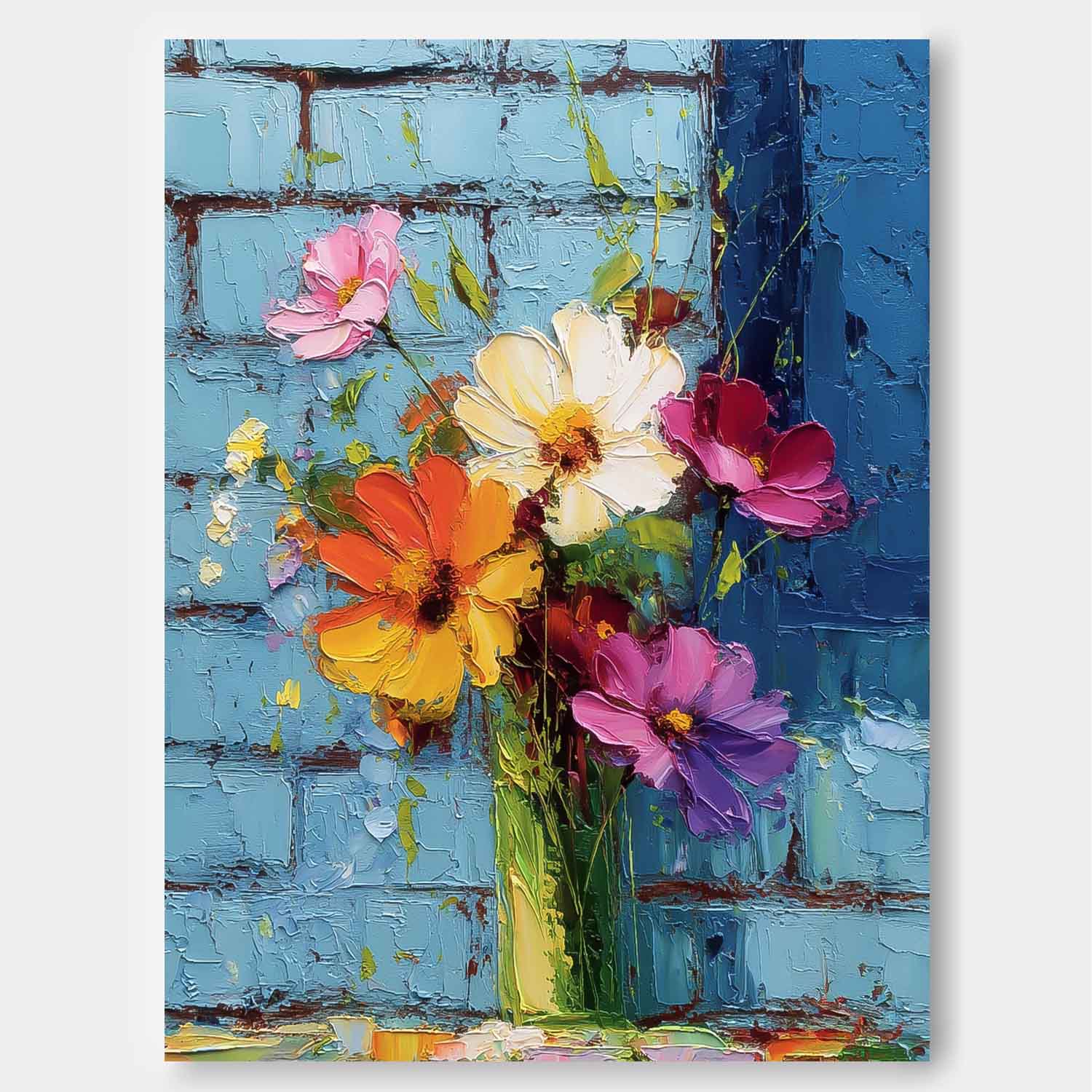 Vertical Textured Floral Oil Painting Modern Impasto Wildflowers Wall Art 3D Palette Knife Floral Decor