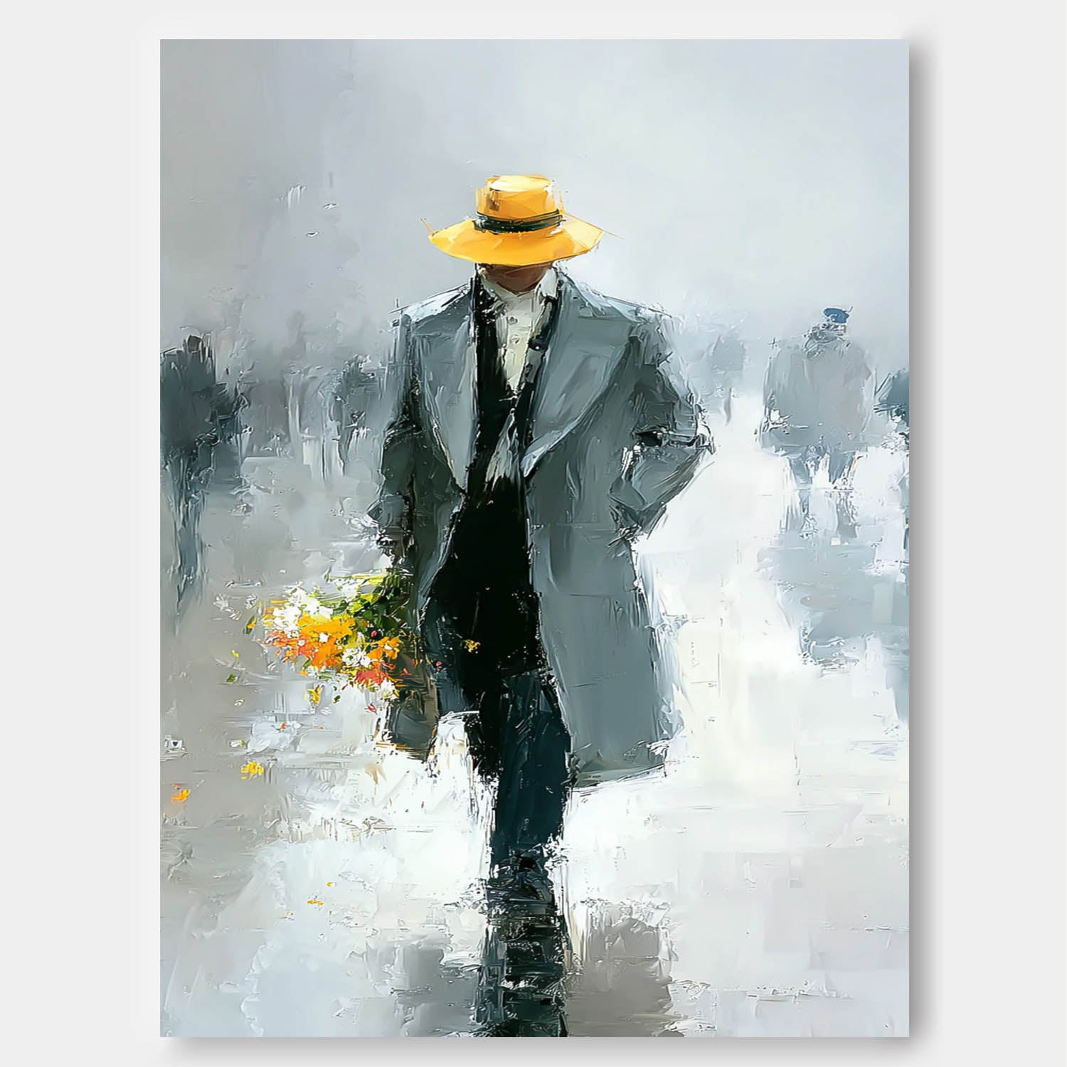 Impressionist Man In Yellow Hat Oil Painting Canvas Modern Abstract Wall Art Contemporary Figural Artwork