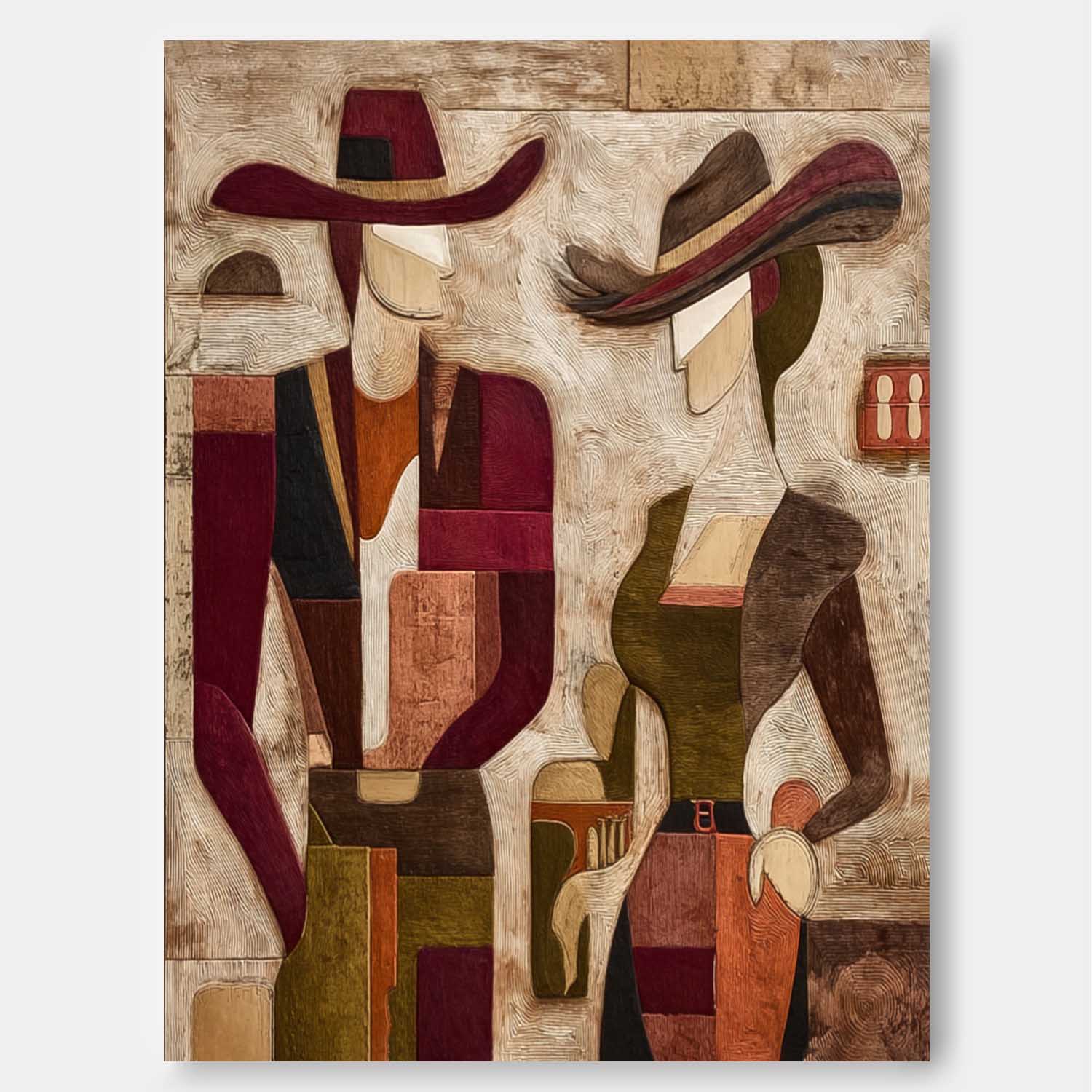 Abstract Cowboy Couple Painting Wall Art Vintage Style Retro Tonal Geometric Figures Textured Modern Home Decor