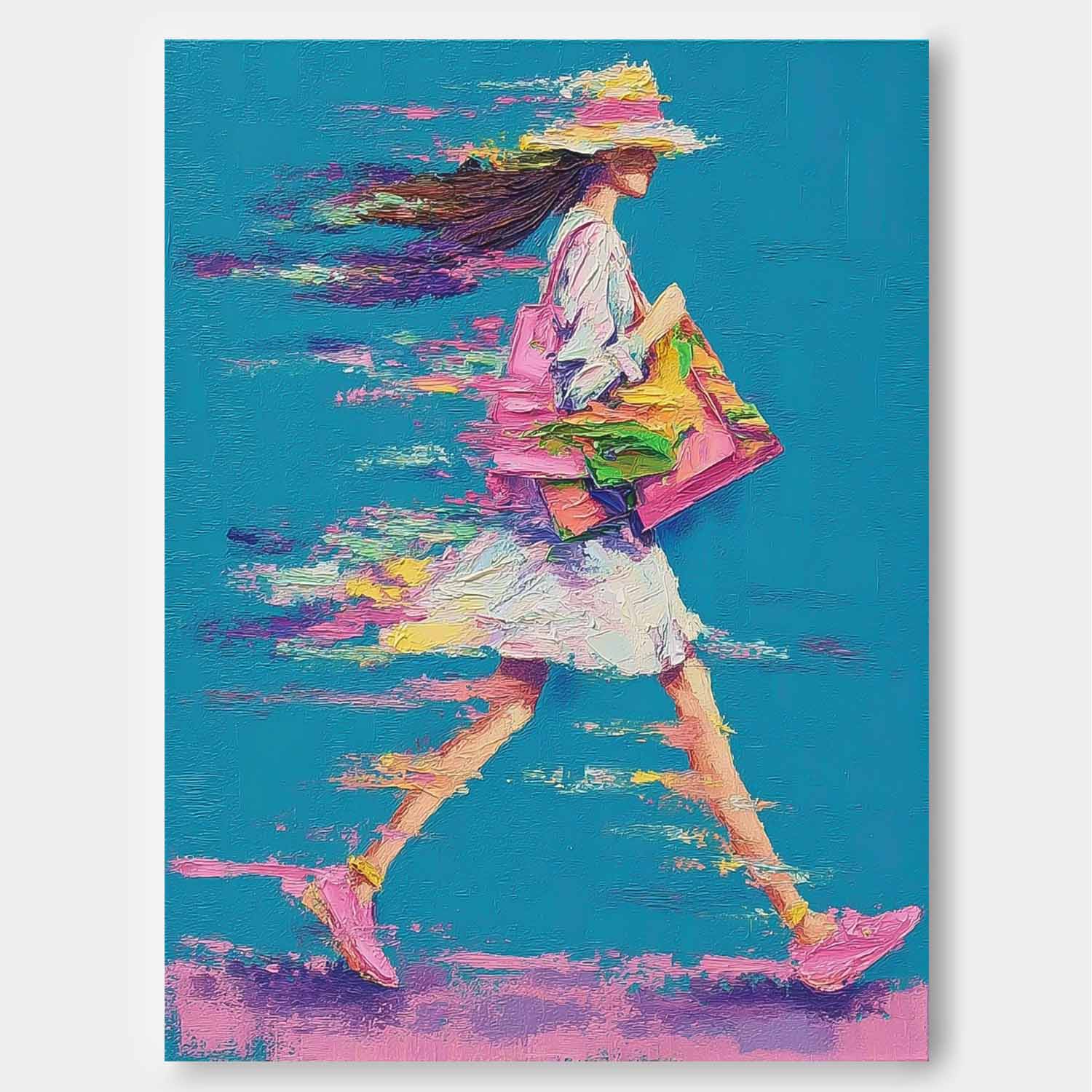 Bright Colorful Modern Impasto Oil Painting Walking Woman Art Textured Canvas Of Woman Impressionist Painting